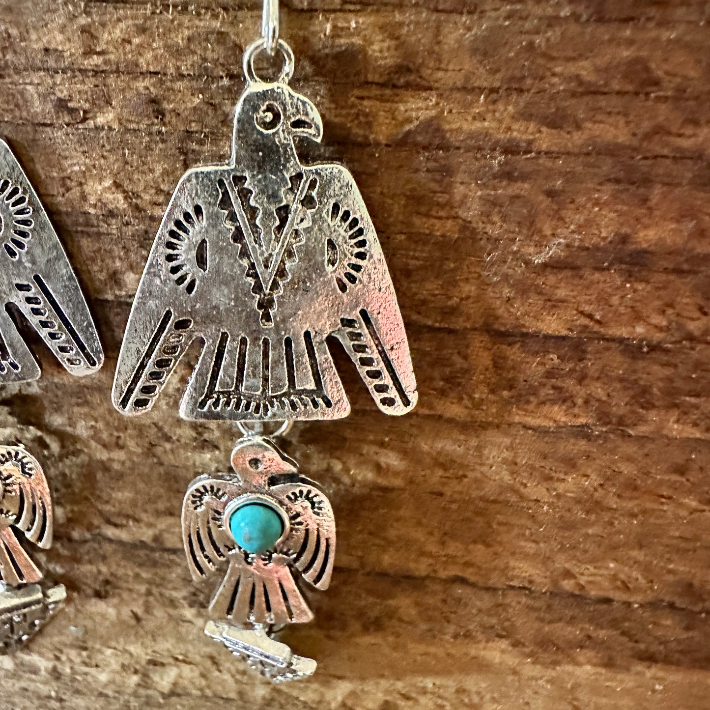 Boho Hippie Vintage Native American Thunderbird Wire Earring, Turquoise Stone, Gift Box - Silver Elegant