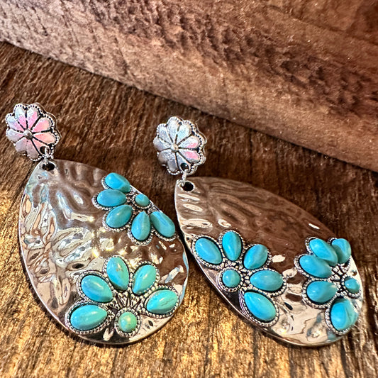 Boho Hippie Vintage Hippie Floral Drop Stud Earrings, Turquoise Stone, Gift Box - Silver Elegant