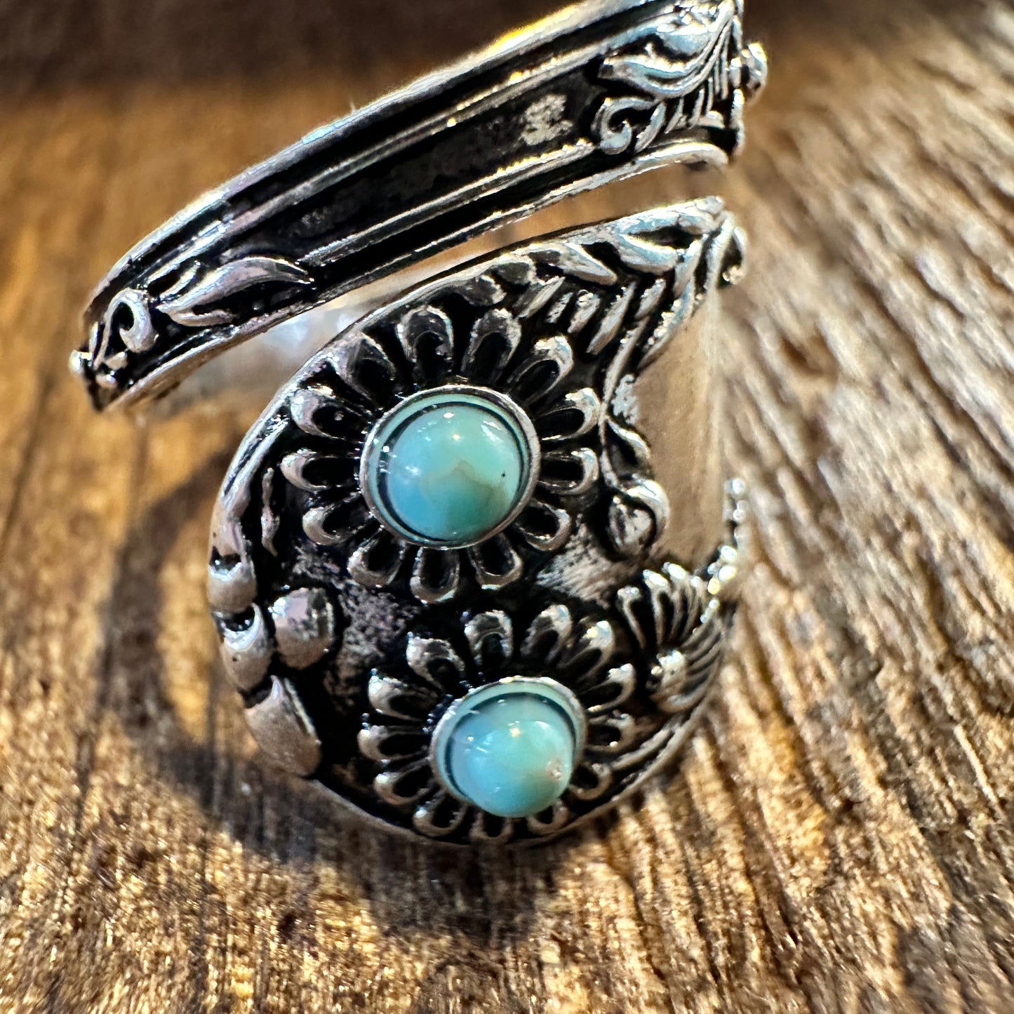 Vintage Turquoise Adjustable Spoon Ring with Bohemian Native American Flair, Gift-Ready - Silver Elegant