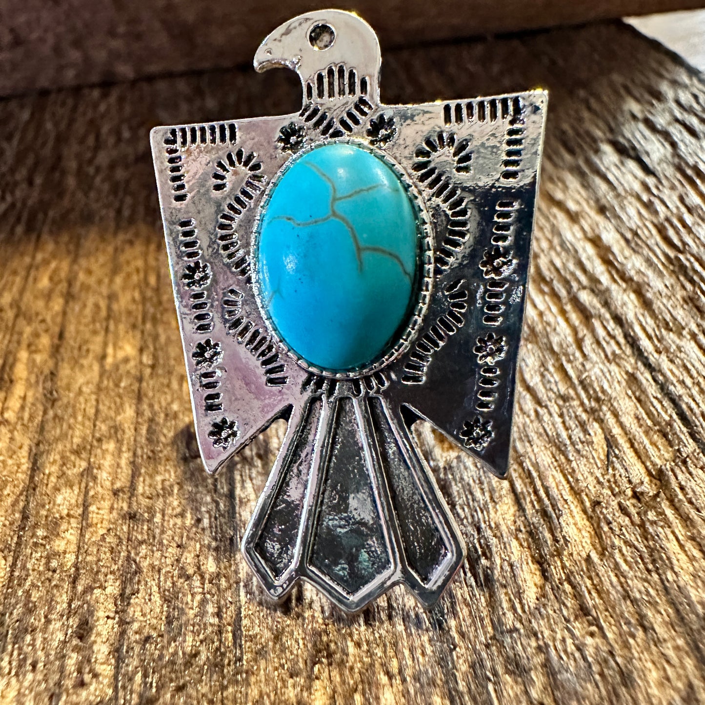 Vintage Boho Native American Thunderbird Adjustable Ring with Turquoise Stone in Gift Box - Silver Elegant