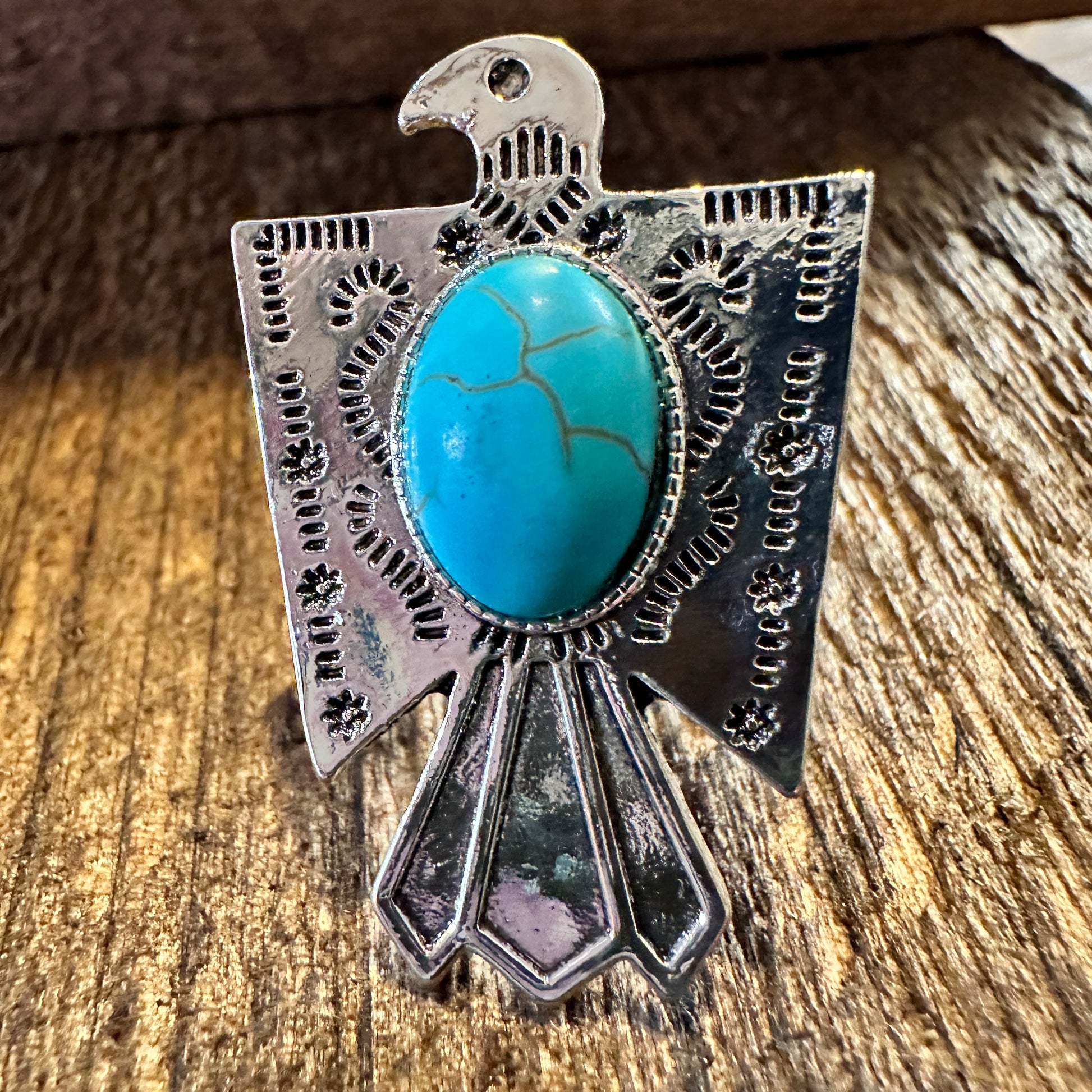 Vintage Boho Native American Thunderbird Adjustable Ring with Turquoise Stone in Gift Box - Silver Elegant