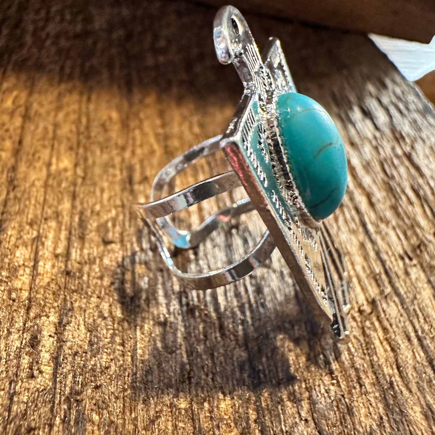 Vintage Boho Native American Thunderbird Adjustable Ring with Turquoise Stone in Gift Box - Silver Elegant