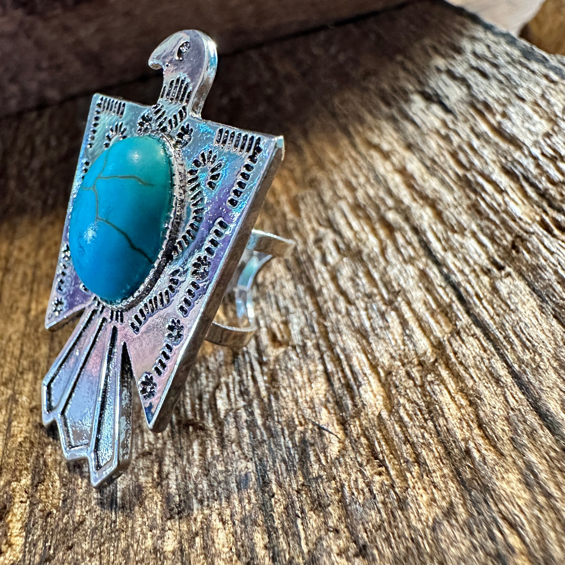 Vintage Boho Native American Thunderbird Adjustable Ring with Turquoise Stone in Gift Box - Silver Elegant