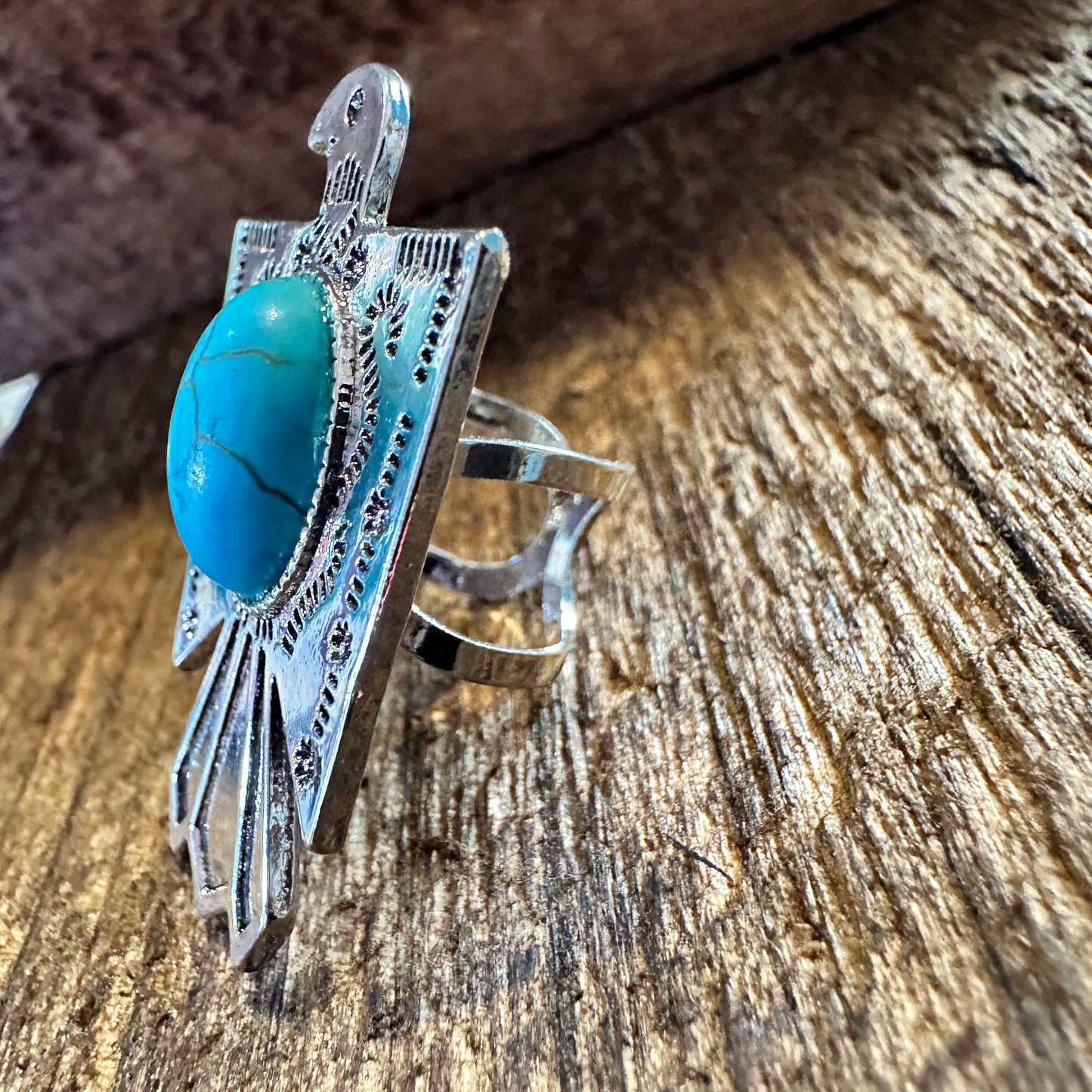 Vintage Boho Native American Thunderbird Adjustable Ring with Turquoise Stone in Gift Box - Silver Elegant