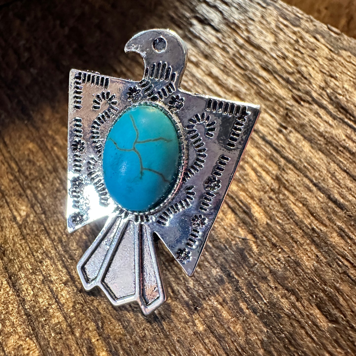 Vintage Boho Native American Thunderbird Adjustable Ring with Turquoise Stone in Gift Box - Silver Elegant