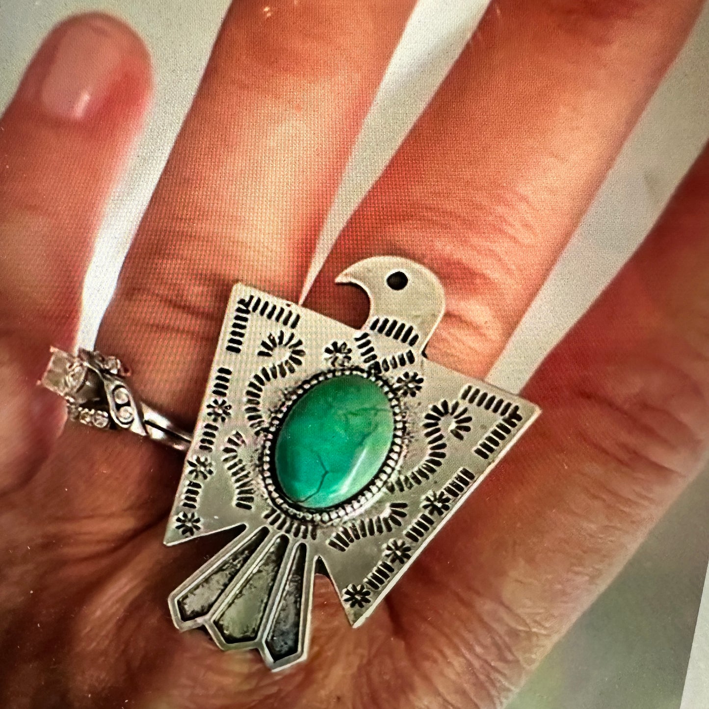 Vintage Boho Native American Thunderbird Adjustable Ring with Turquoise Stone in Gift Box - Silver Elegant