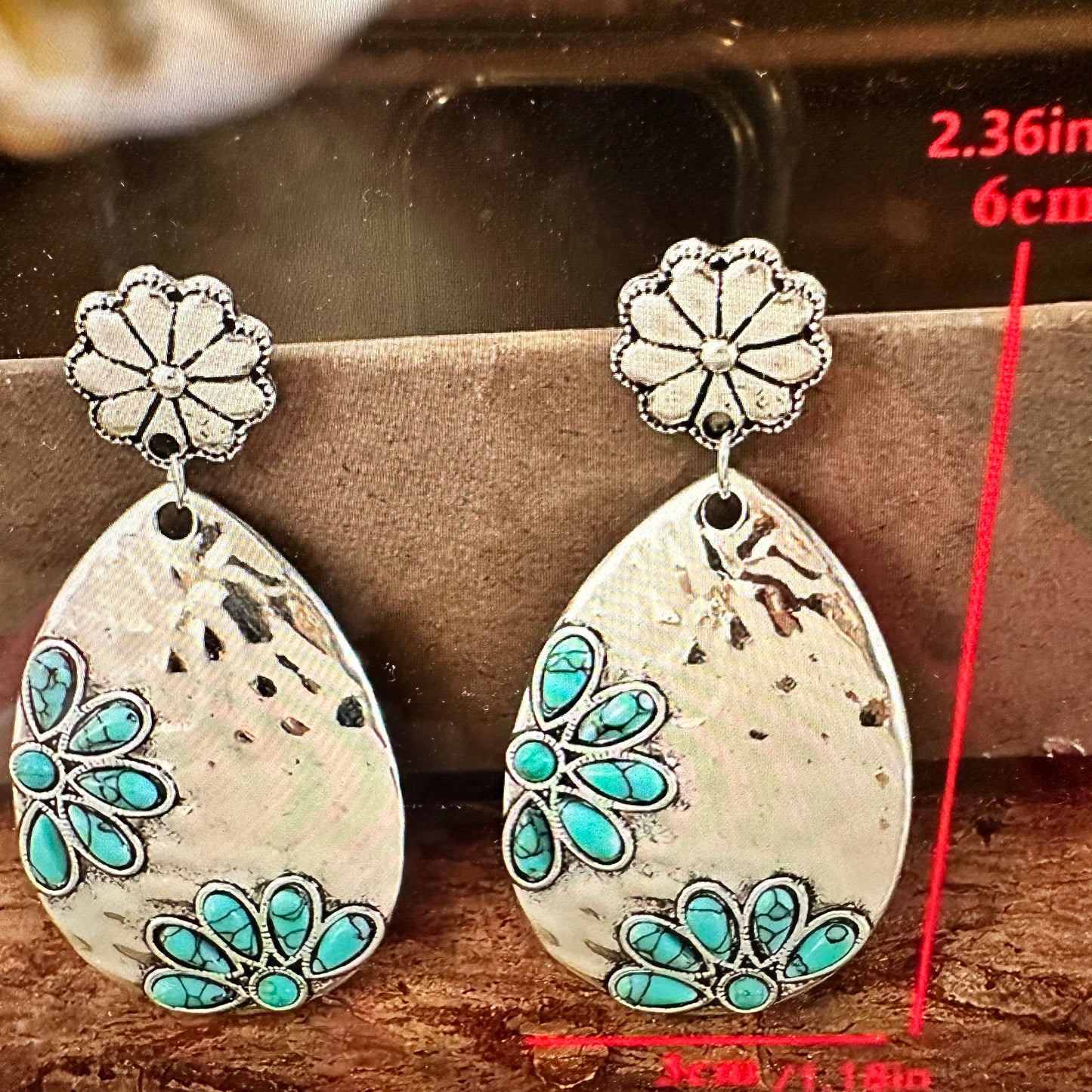 Boho Hippie Vintage Hippie Floral Drop Stud Earrings, Turquoise Stone, Gift Box - Silver Elegant