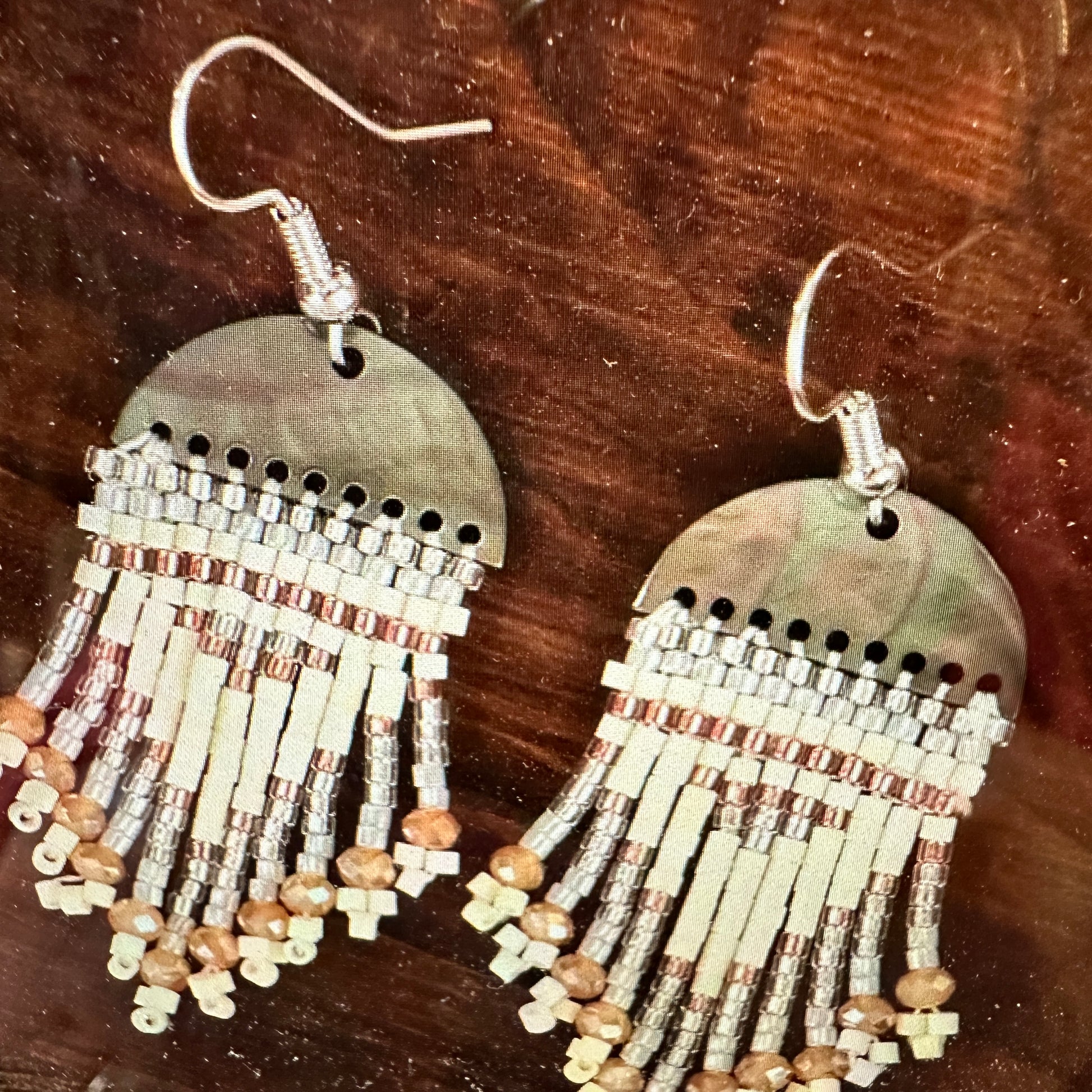 Boho Hippie Vintage Native American Copper Tassel Wire Earring, Seed Beads, Gift Box - Silver Elegant