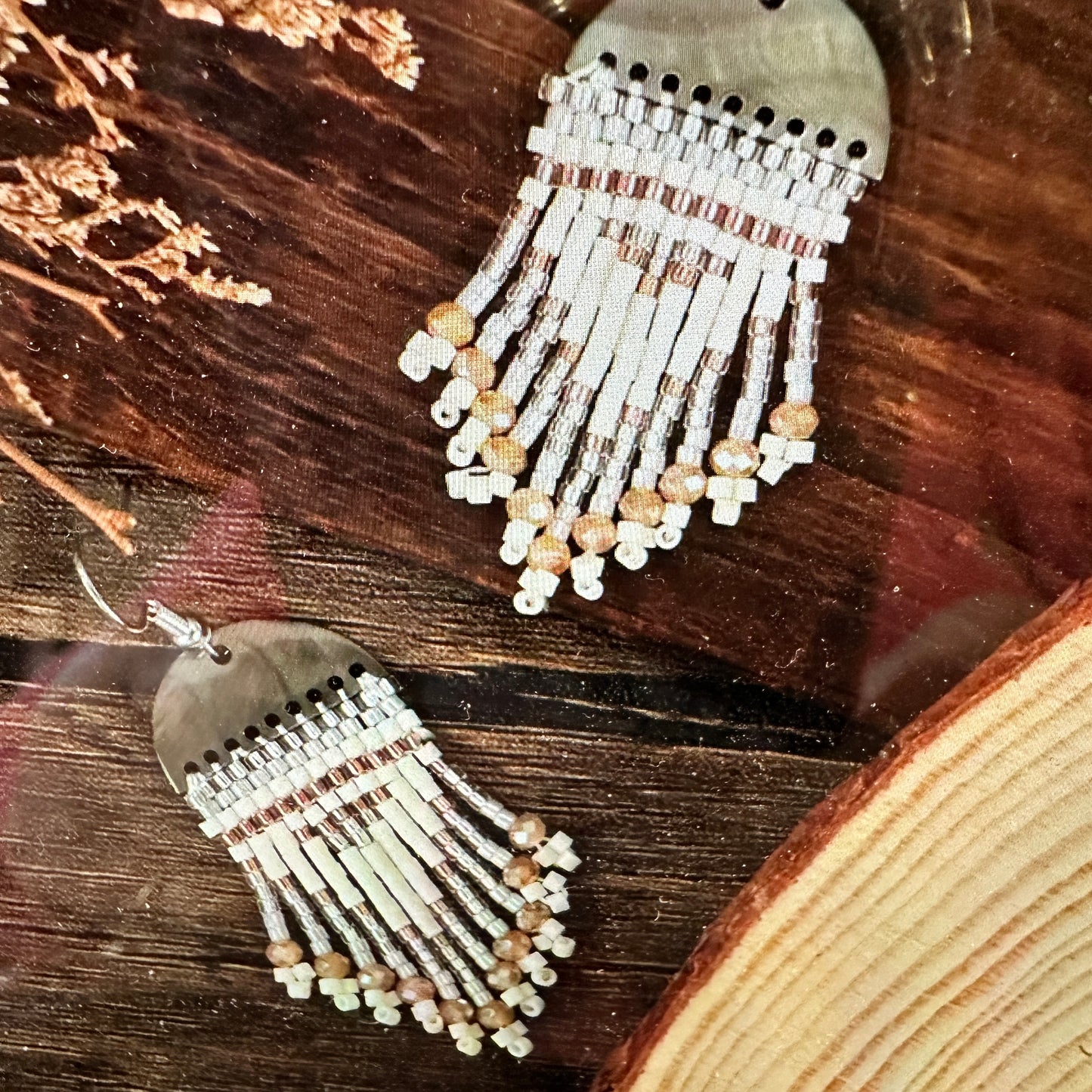 Boho Hippie Vintage Native American Copper Tassel Wire Earring, Seed Beads, Gift Box - Silver Elegant