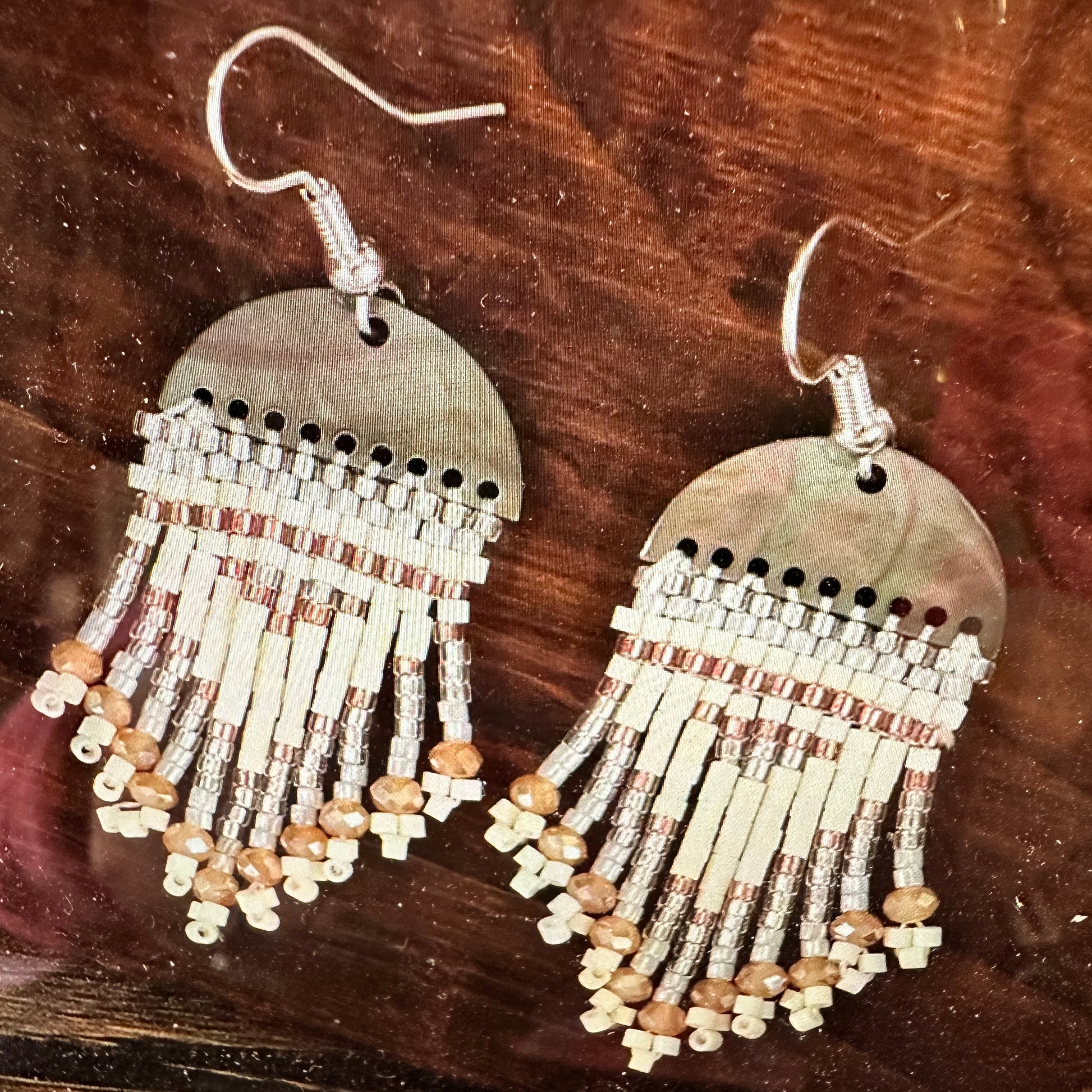 Boho Hippie Vintage Native American Copper Tassel Wire Earring, Seed Beads, Gift Box - Silver Elegant