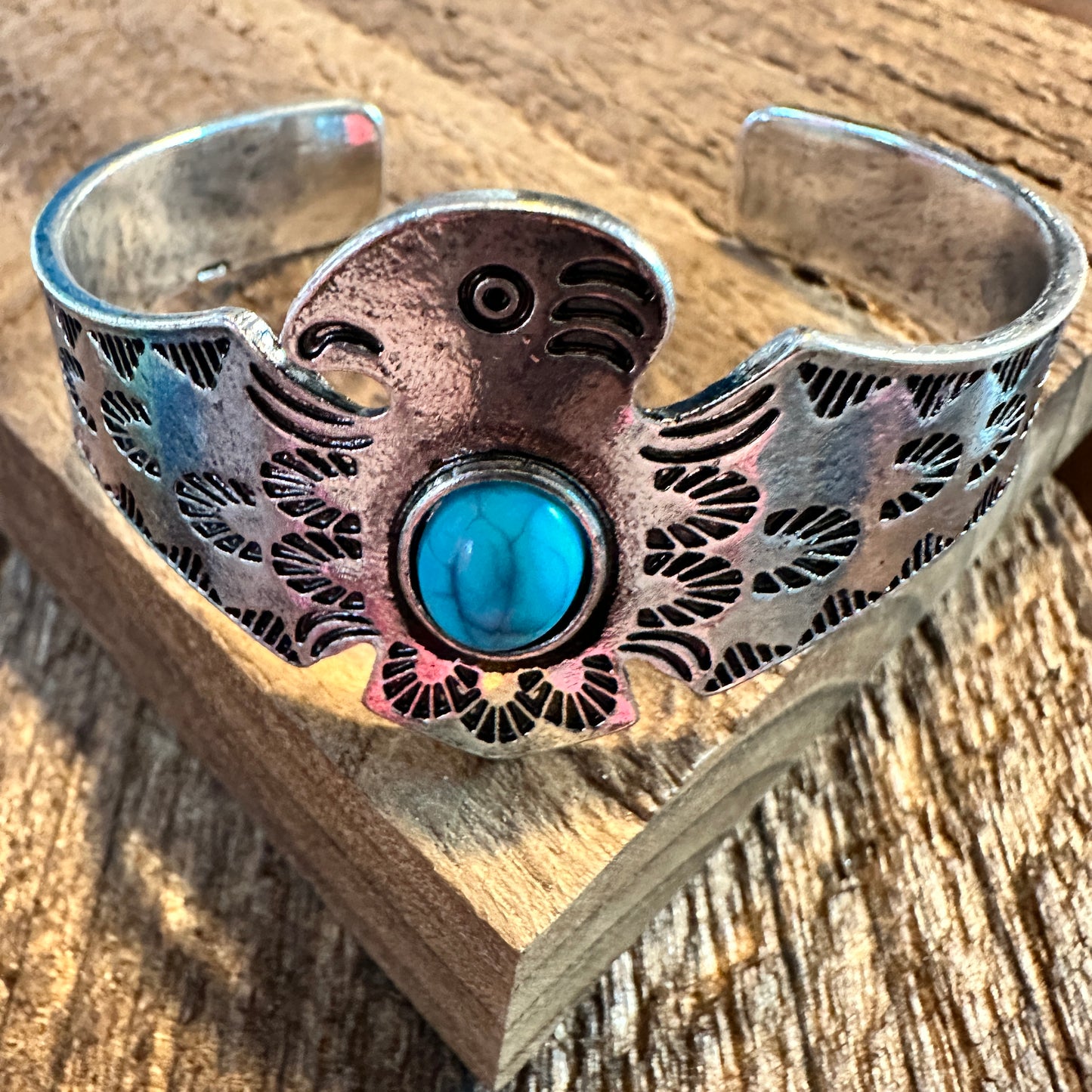 Boho Vintage Native American Thunderbird Bangle Bracelet, Turquoise Stone, Gift Box - Silver Elegant