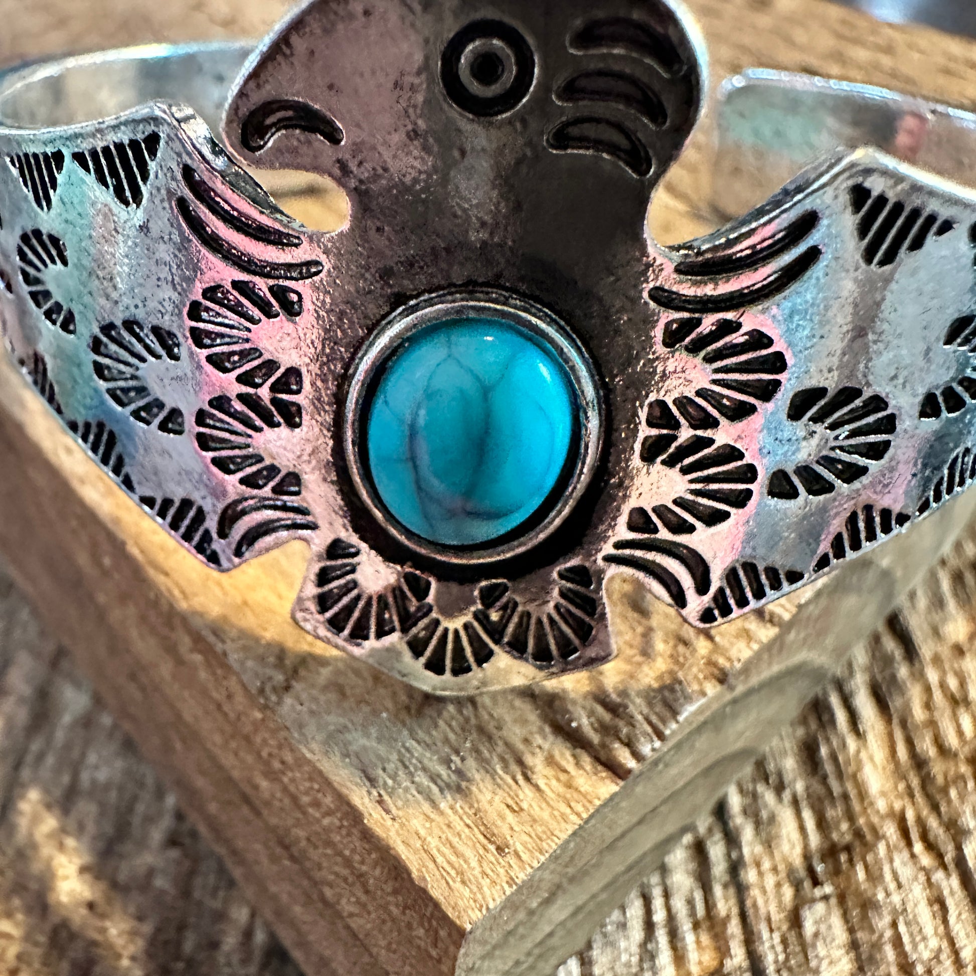 Boho Vintage Native American Thunderbird Bangle Bracelet, Turquoise Stone, Gift Box - Silver Elegant