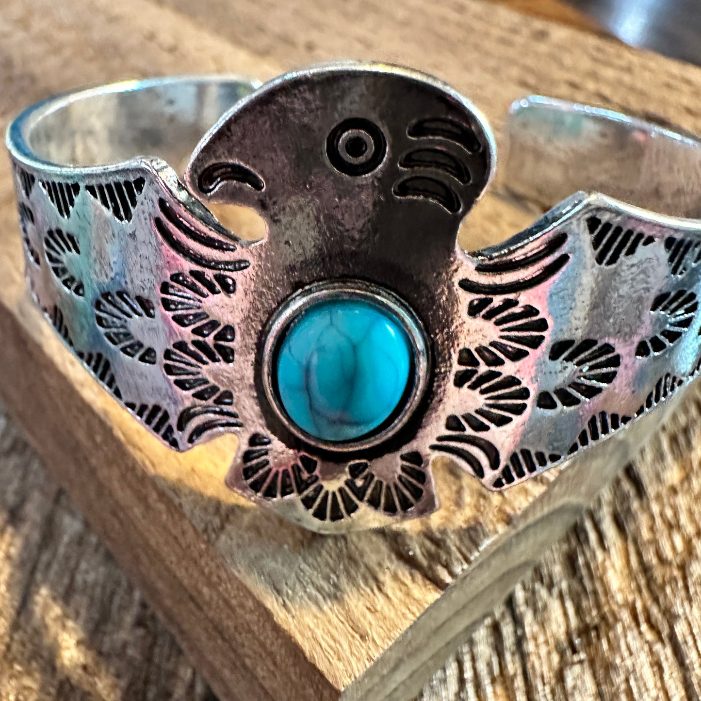 Boho Vintage Native American Thunderbird Bangle Bracelet, Turquoise Stone, Gift Box - Silver Elegant