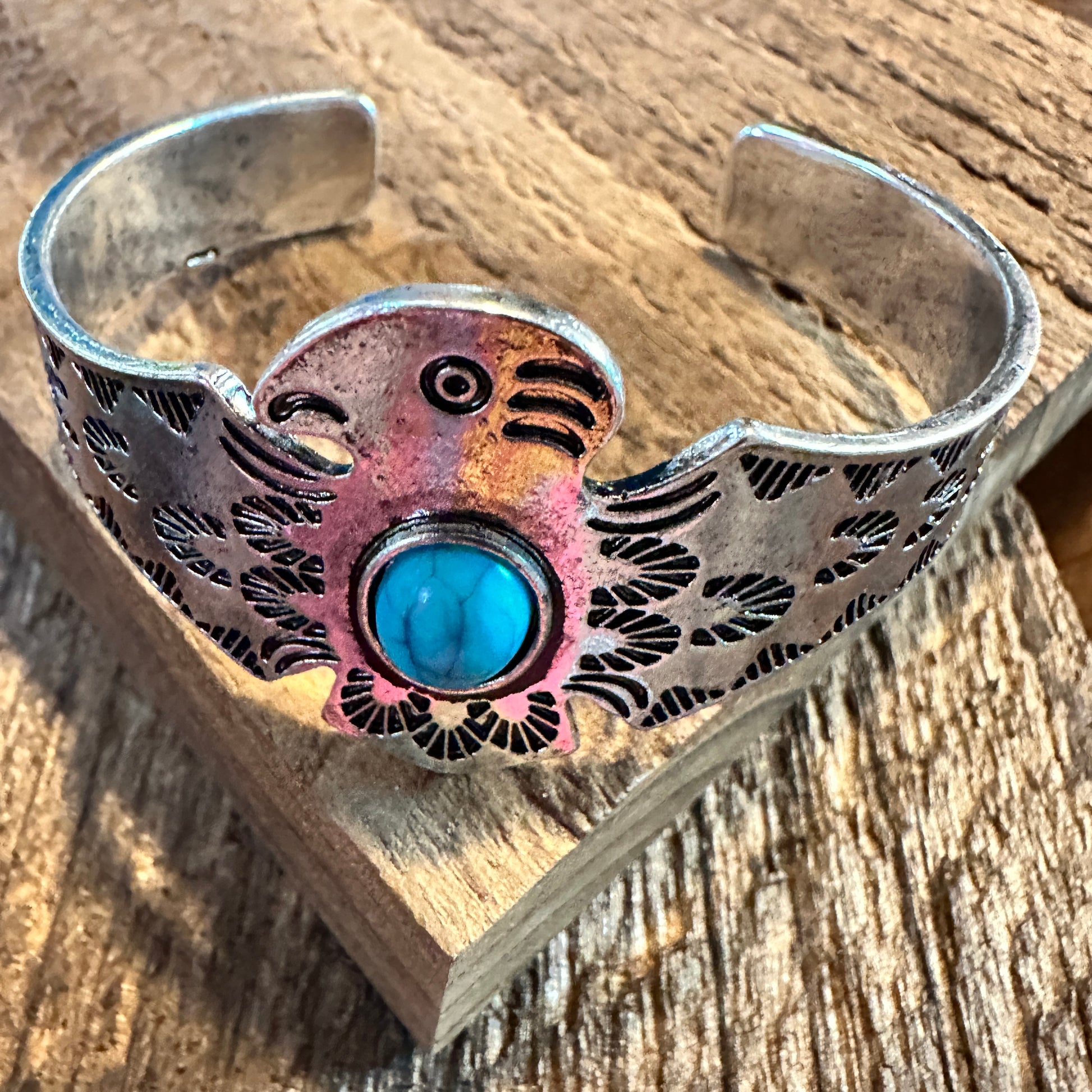 Boho Vintage Native American Thunderbird Bangle Bracelet, Turquoise Stone, Gift Box - Silver Elegant