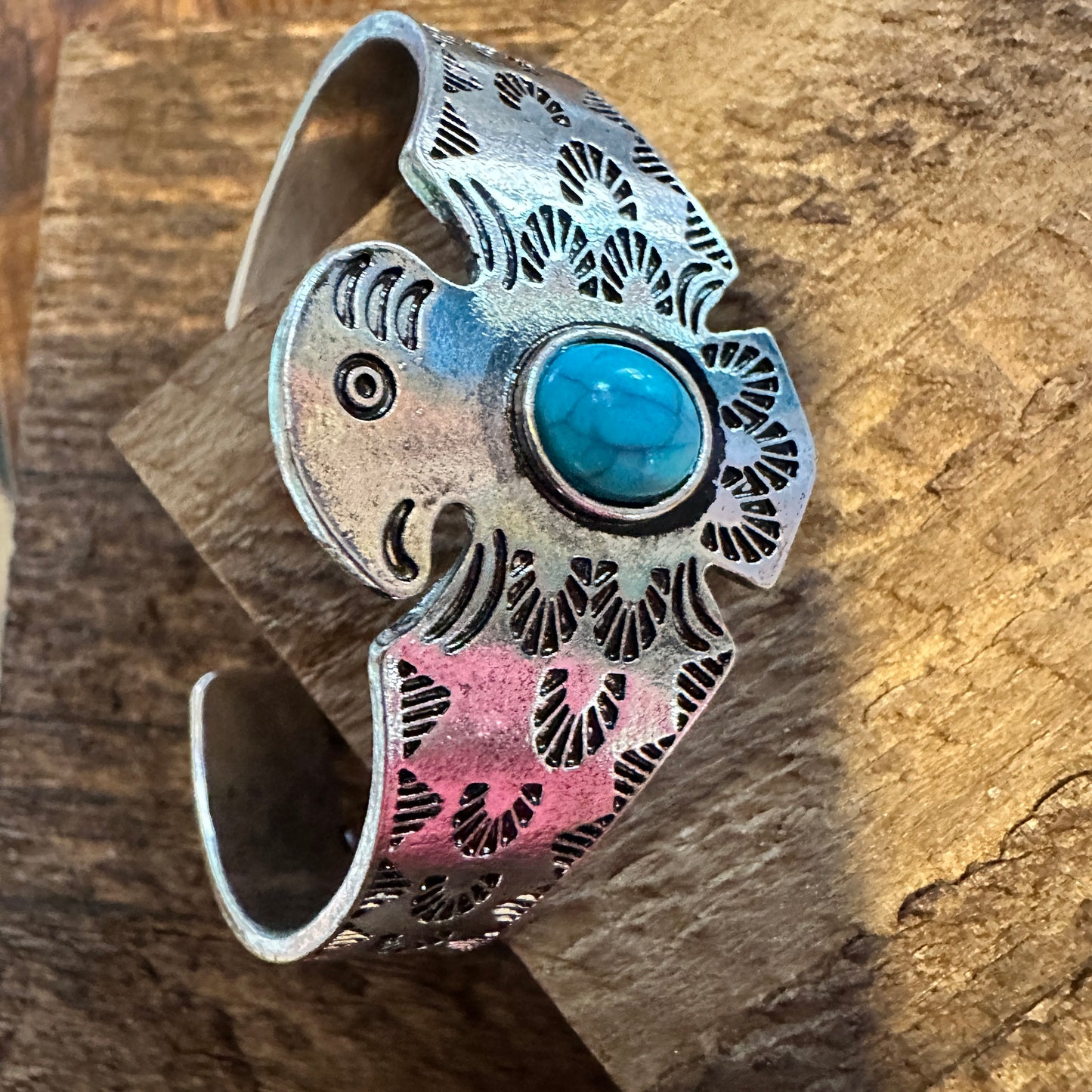 Boho Vintage Native American Thunderbird Bangle Bracelet, Turquoise Stone, Gift Box - Silver Elegant