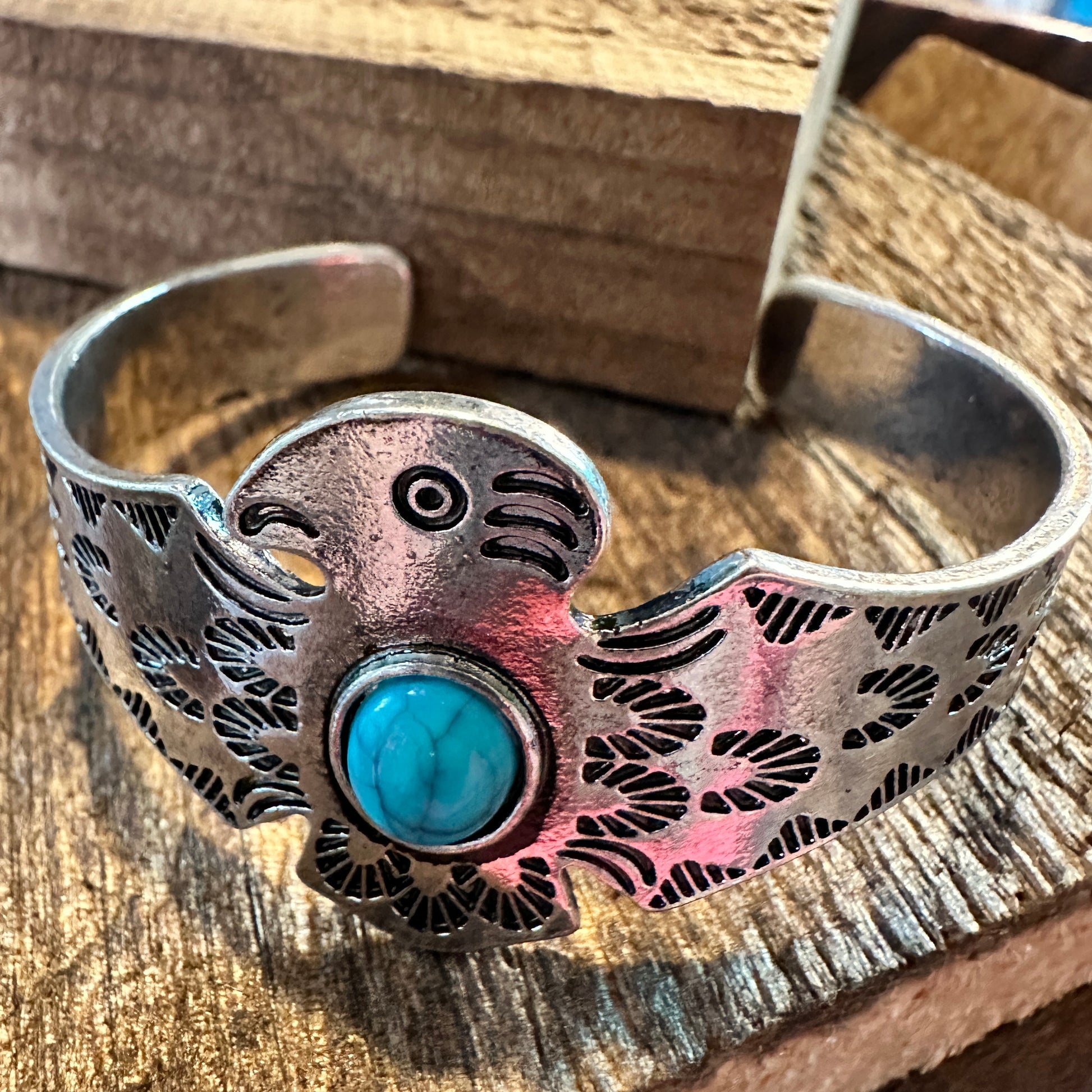 Boho Vintage Native American Thunderbird Bangle Bracelet, Turquoise Stone, Gift Box - Silver Elegant