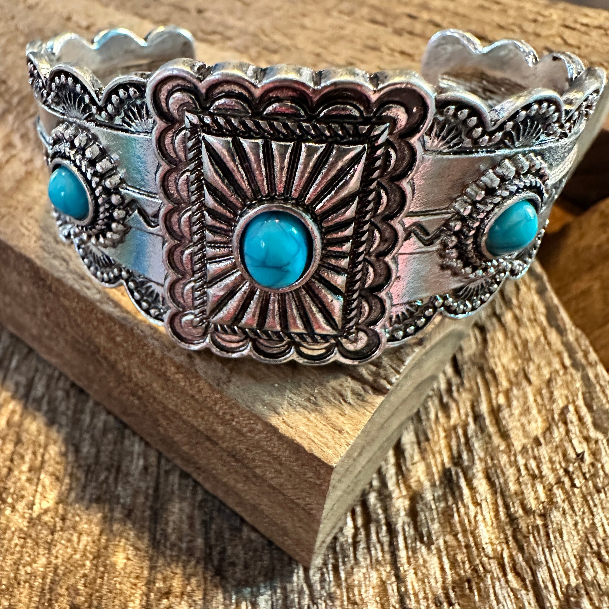 Boho Vintage SouthWestern Turquoise Concho Cuff Bracelet, Turquoise Stone, Gift Box - Silver Elegant