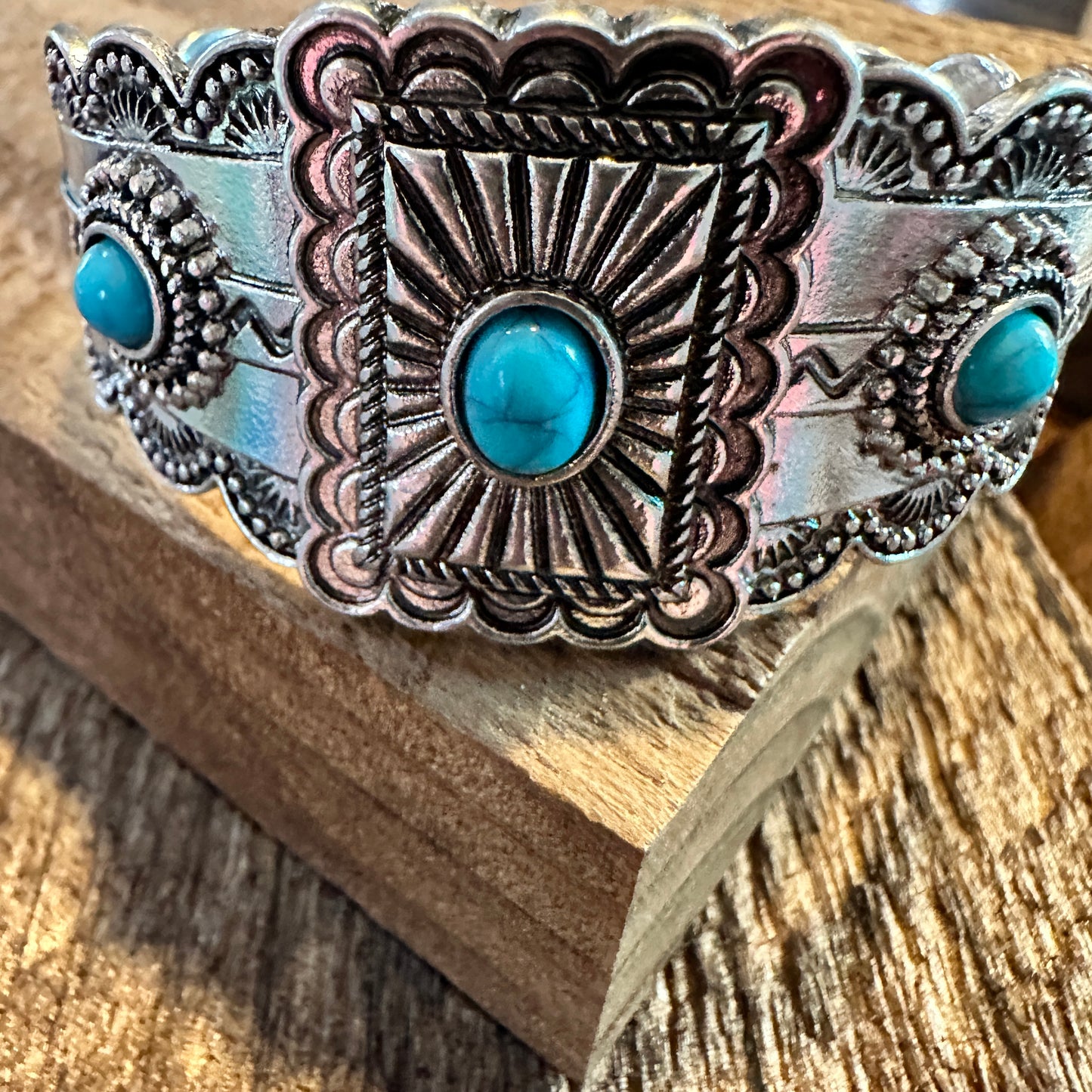 Boho Vintage SouthWestern Turquoise Concho Cuff Bracelet, Turquoise Stone, Gift Box - Silver Elegant