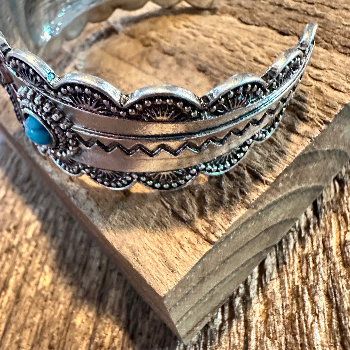 Boho Vintage SouthWestern Turquoise Concho Cuff Bracelet, Turquoise Stone, Gift Box - Silver Elegant