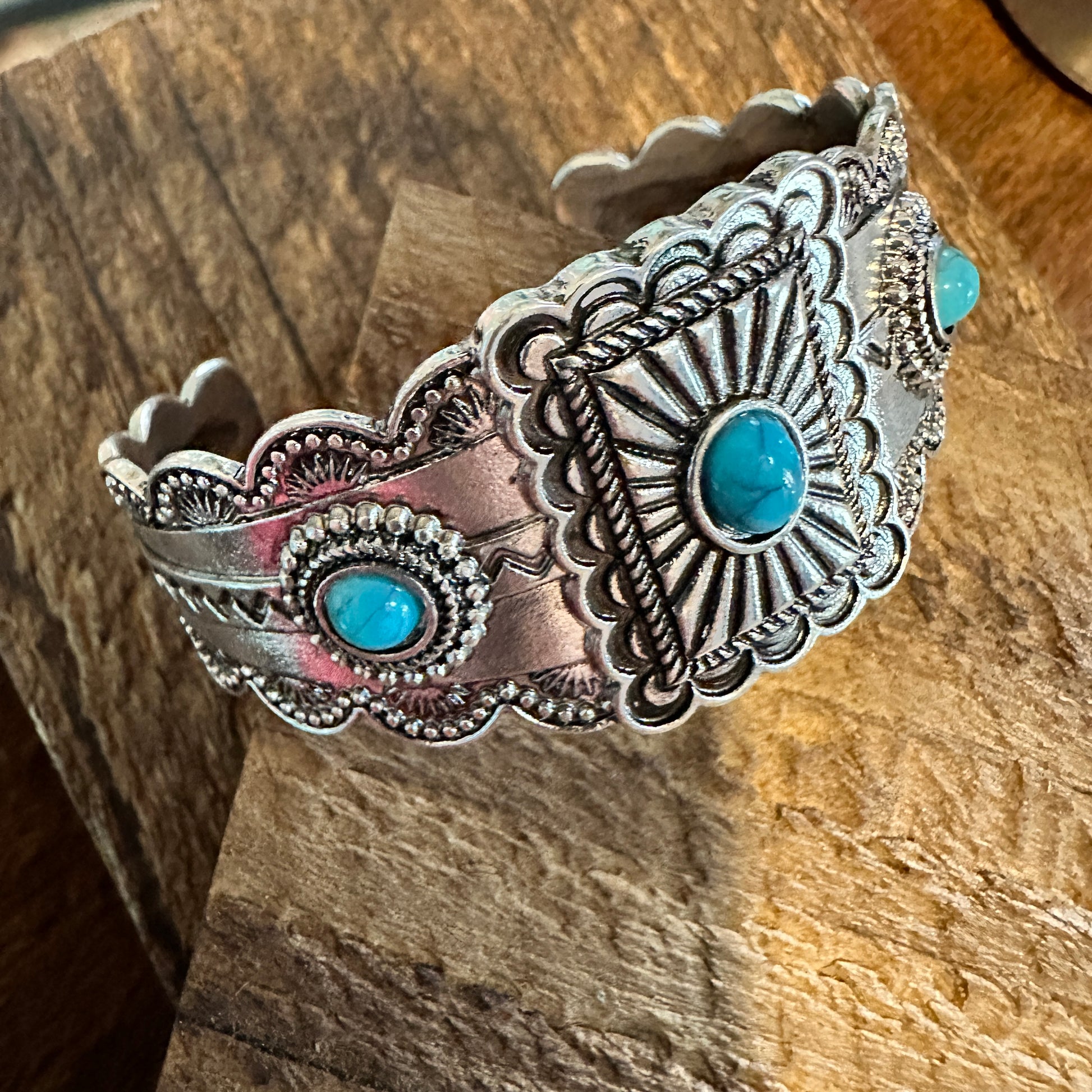 Boho Vintage SouthWestern Turquoise Concho Cuff Bracelet, Turquoise Stone, Gift Box - Silver Elegant