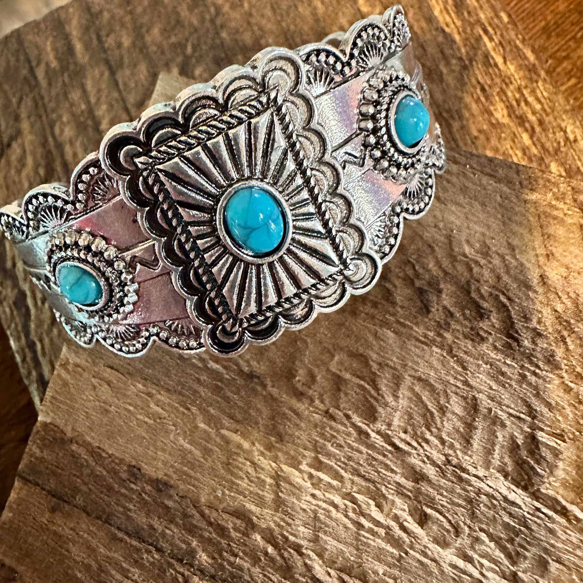 Boho Vintage SouthWestern Turquoise Concho Cuff Bracelet, Turquoise Stone, Gift Box - Silver Elegant