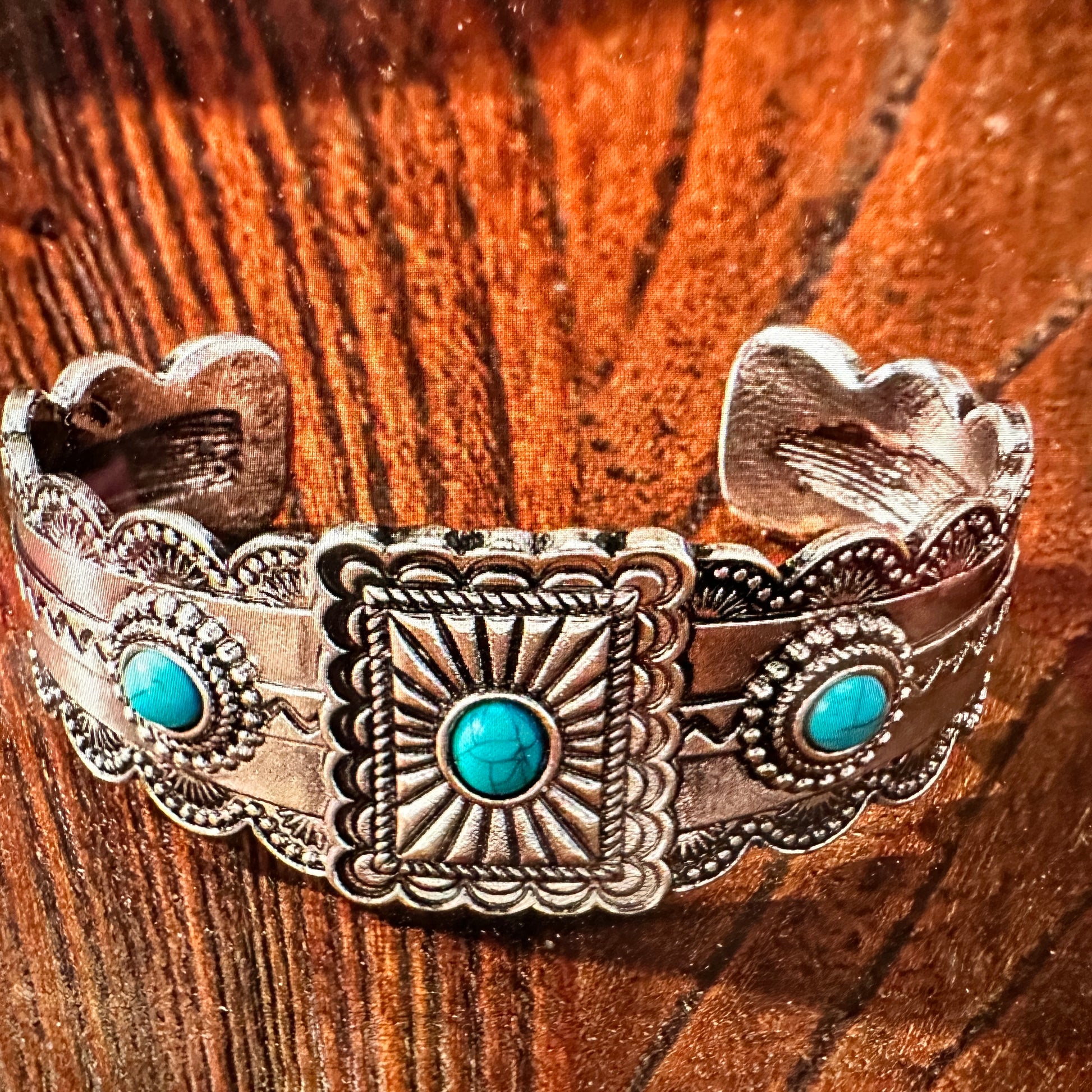 Boho Vintage SouthWestern Turquoise Concho Cuff Bracelet, Turquoise Stone, Gift Box - Silver Elegant