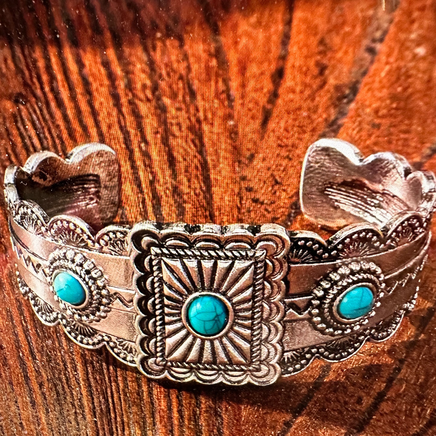 Boho Vintage SouthWestern Turquoise Concho Cuff Bracelet, Turquoise Stone, Gift Box - Silver Elegant