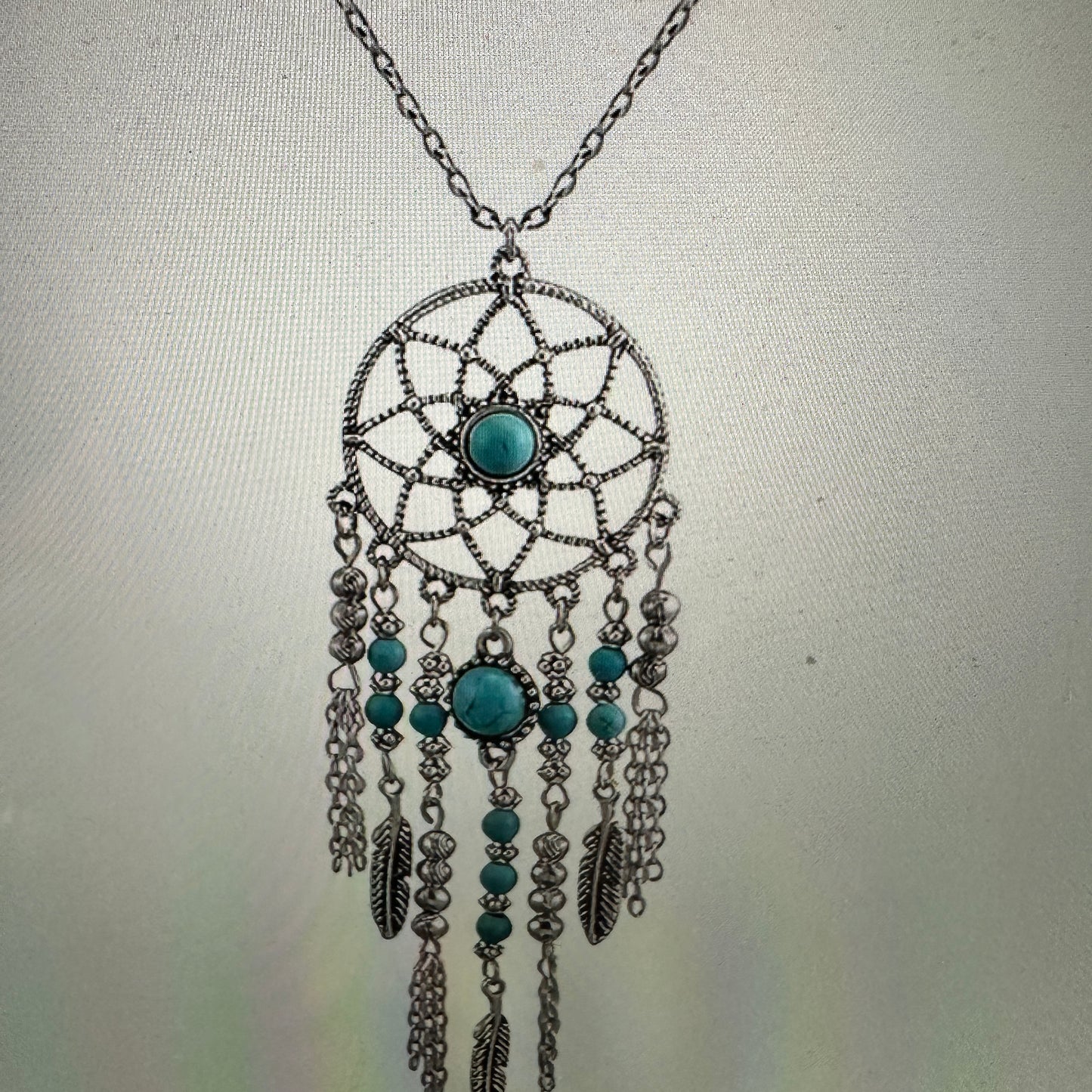 Turquoise Dream Catcher Tassel Necklace - Bohemian Native American Inspired Jewelry in Gift Box - Silver Elegant