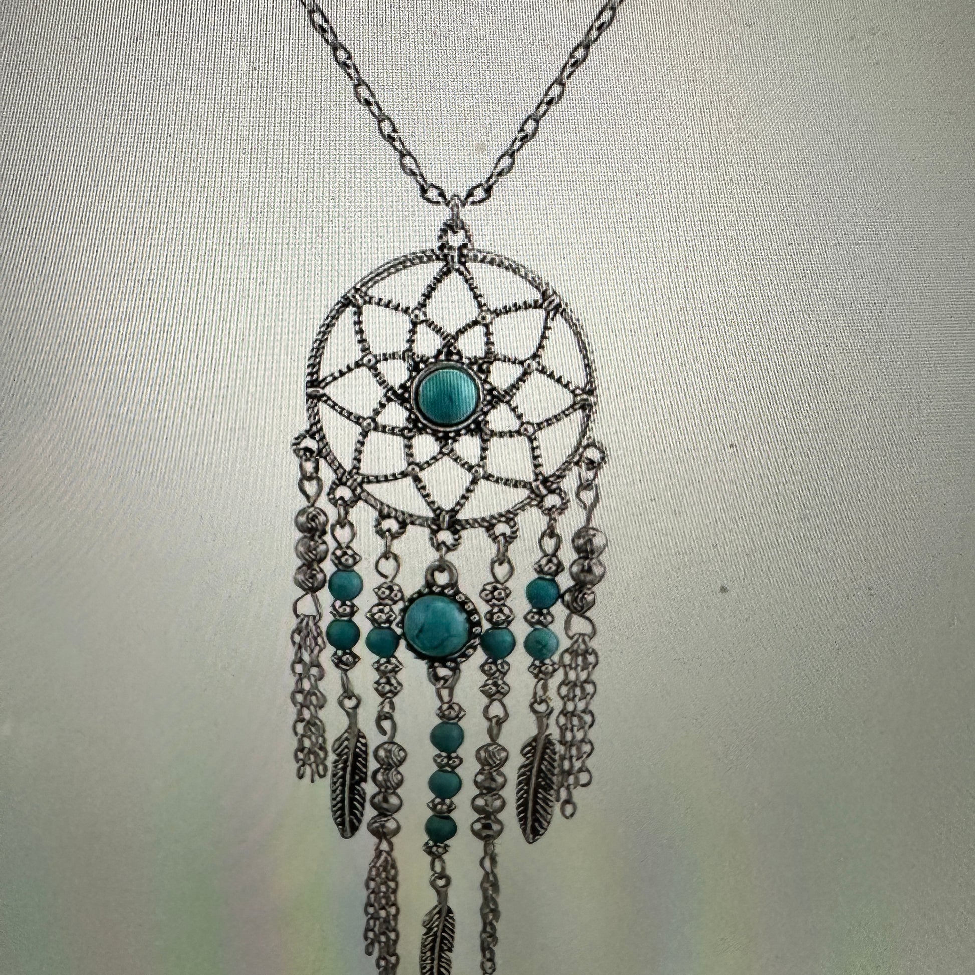 Turquoise Dream Catcher Tassel Necklace - Bohemian Native American Inspired Jewelry in Gift Box - Silver Elegant