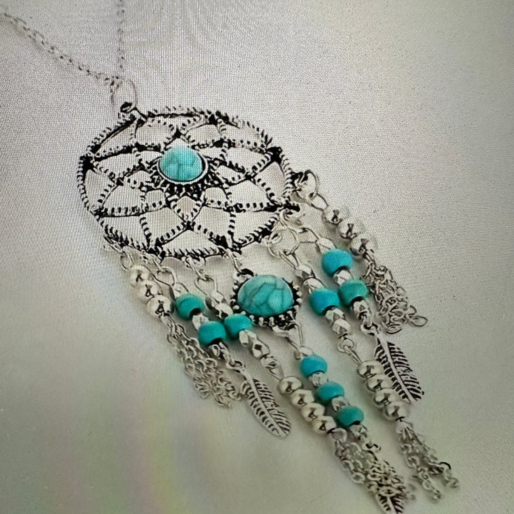 Turquoise Dream Catcher Tassel Necklace - Bohemian Native American Inspired Jewelry in Gift Box - Silver Elegant