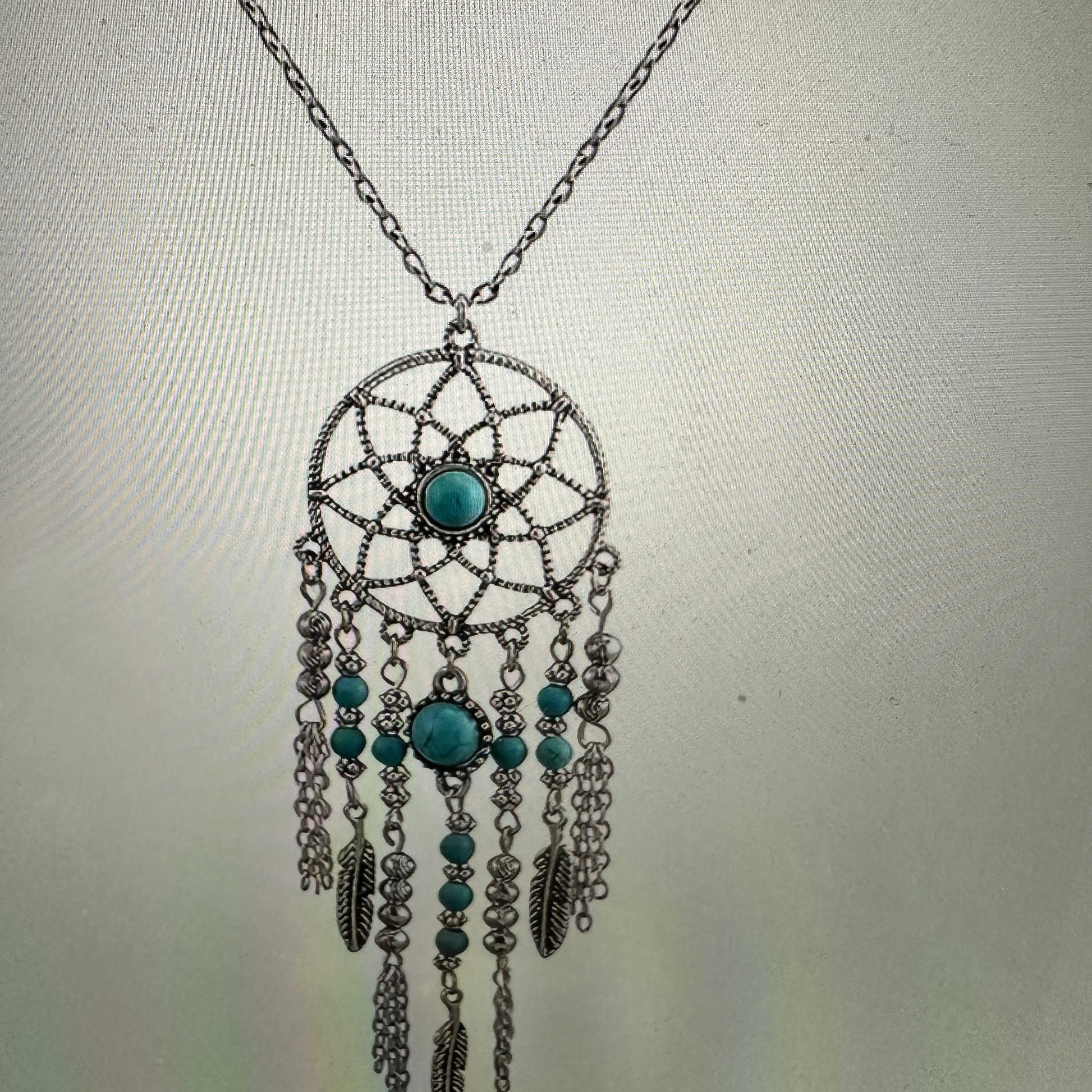 Turquoise Dream Catcher Tassel Necklace - Bohemian Native American Inspired Jewelry in Gift Box - Silver Elegant