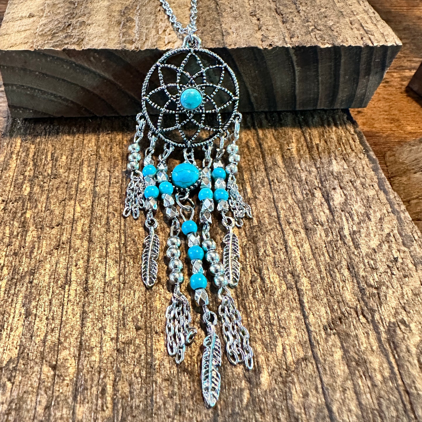 Turquoise Dream Catcher Tassel Necklace - Bohemian Native American Inspired Jewelry in Gift Box - Silver Elegant