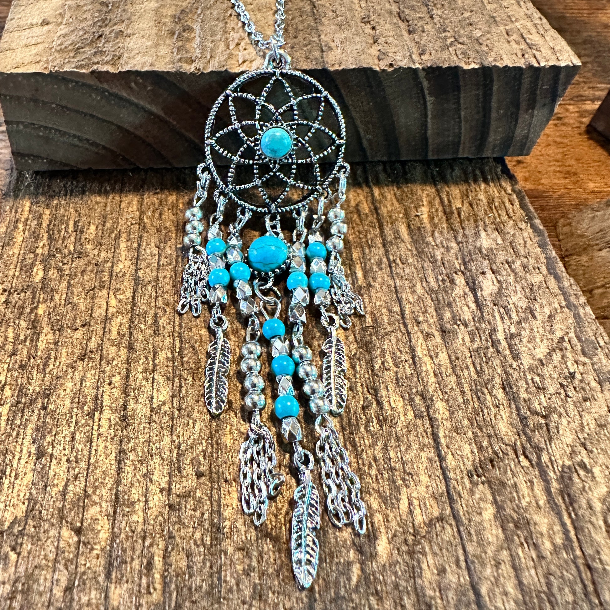 Turquoise Dream Catcher Tassel Necklace - Bohemian Native American Inspired Jewelry in Gift Box - Silver Elegant