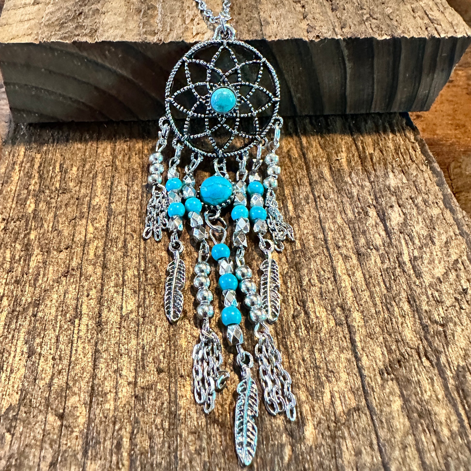 Turquoise Dream Catcher Tassel Necklace - Bohemian Native American Inspired Jewelry in Gift Box - Silver Elegant