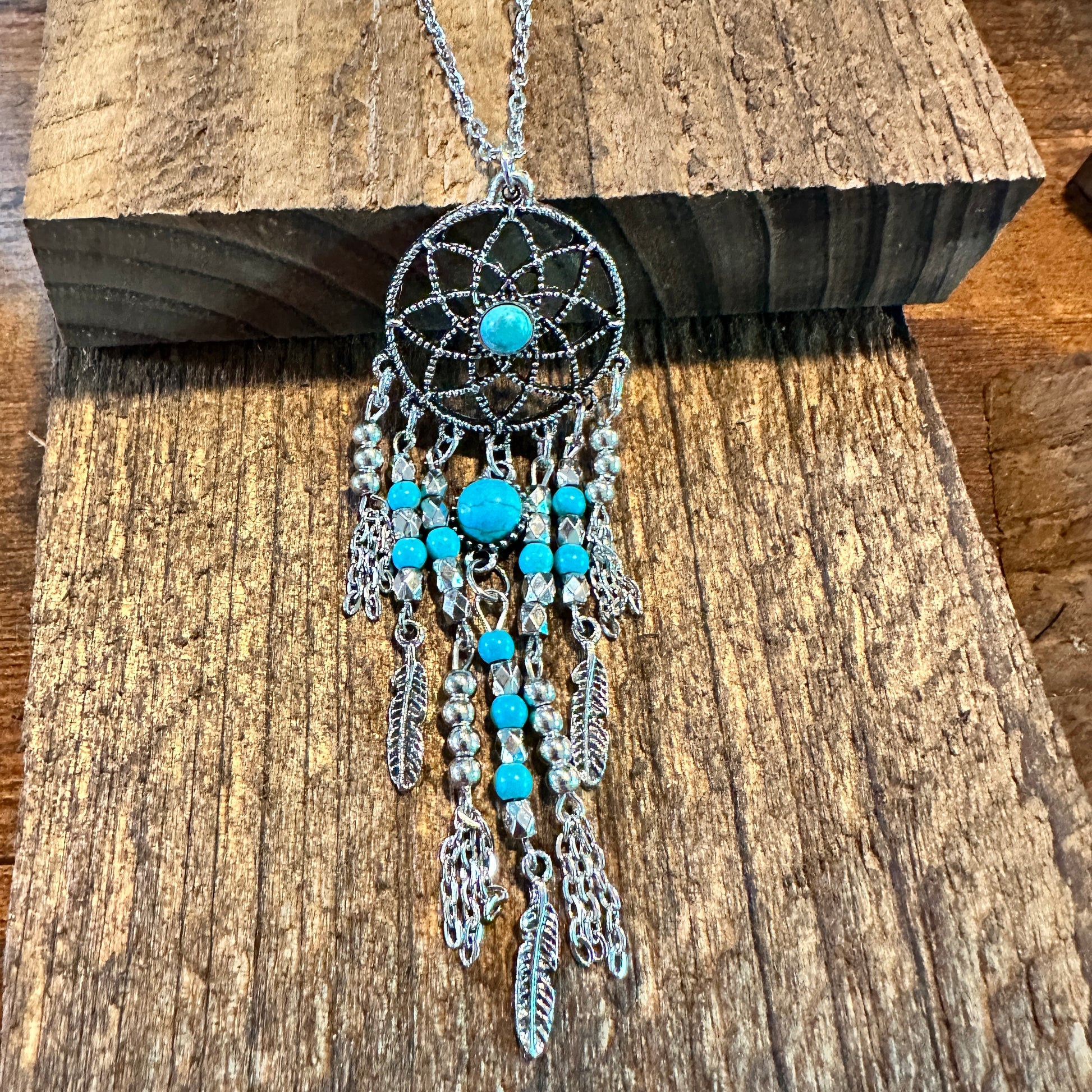 Turquoise Dream Catcher Tassel Necklace - Bohemian Native American Inspired Jewelry in Gift Box - Silver Elegant