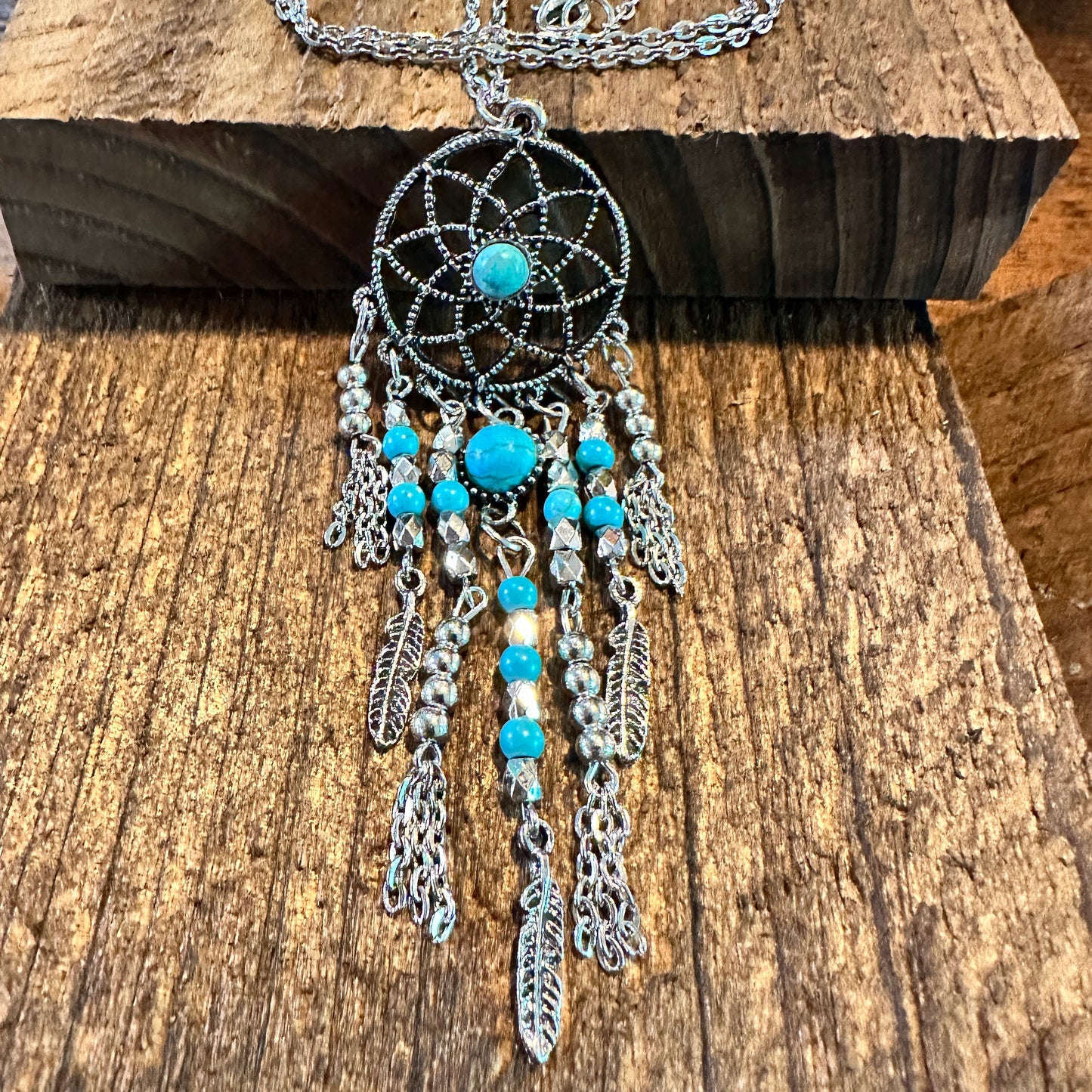 Turquoise Dream Catcher Tassel Necklace - Bohemian Native American Inspired Jewelry in Gift Box - Silver Elegant