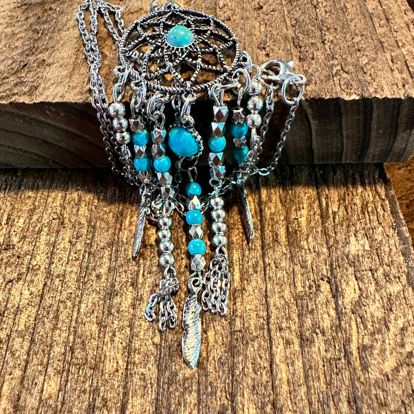 Turquoise Dream Catcher Tassel Necklace - Bohemian Native American Inspired Jewelry in Gift Box - Silver Elegant