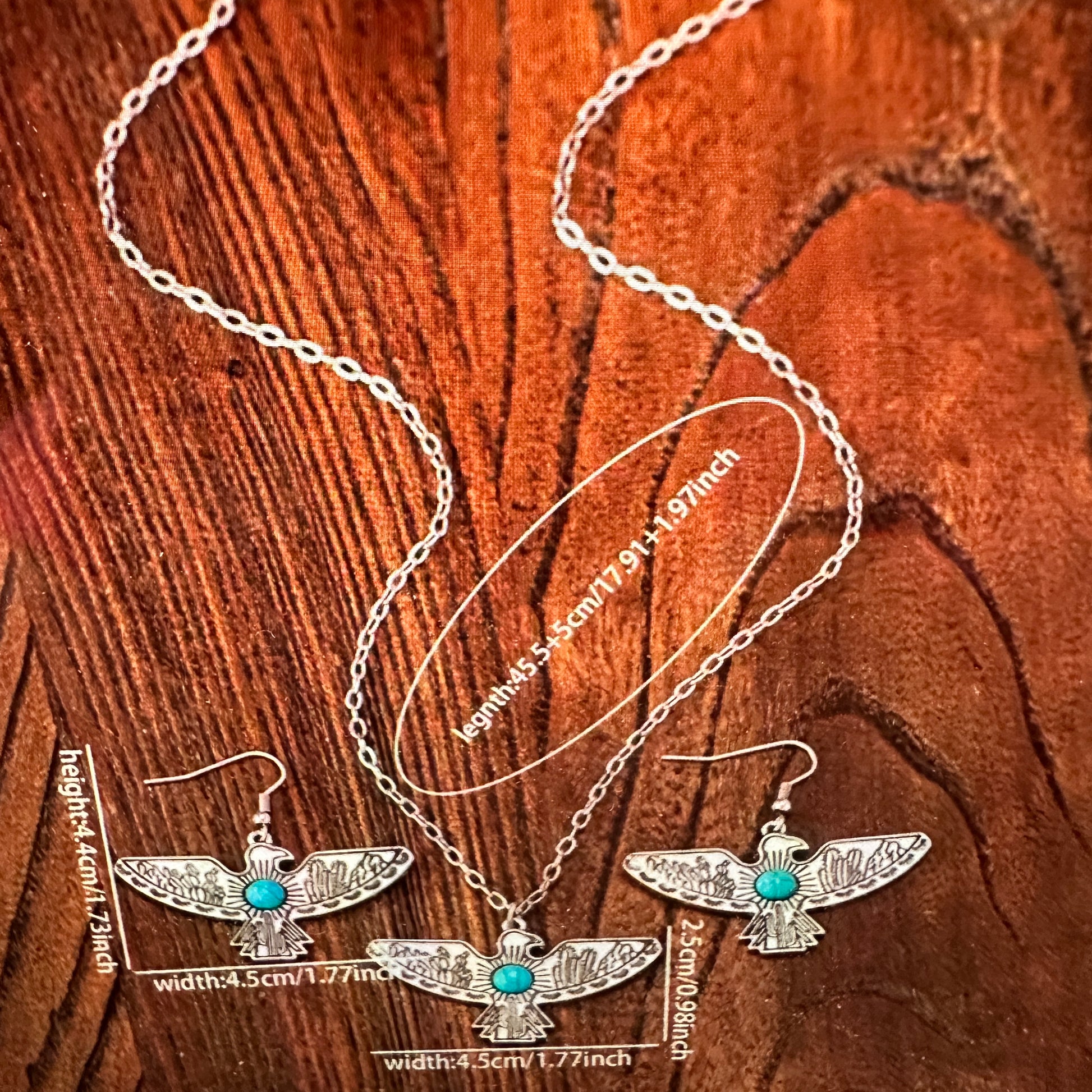 Boho Vintage Native American Thunderbird Turquoise Pendant Necklace/Earring Set, Gift Box - Silver Elegant