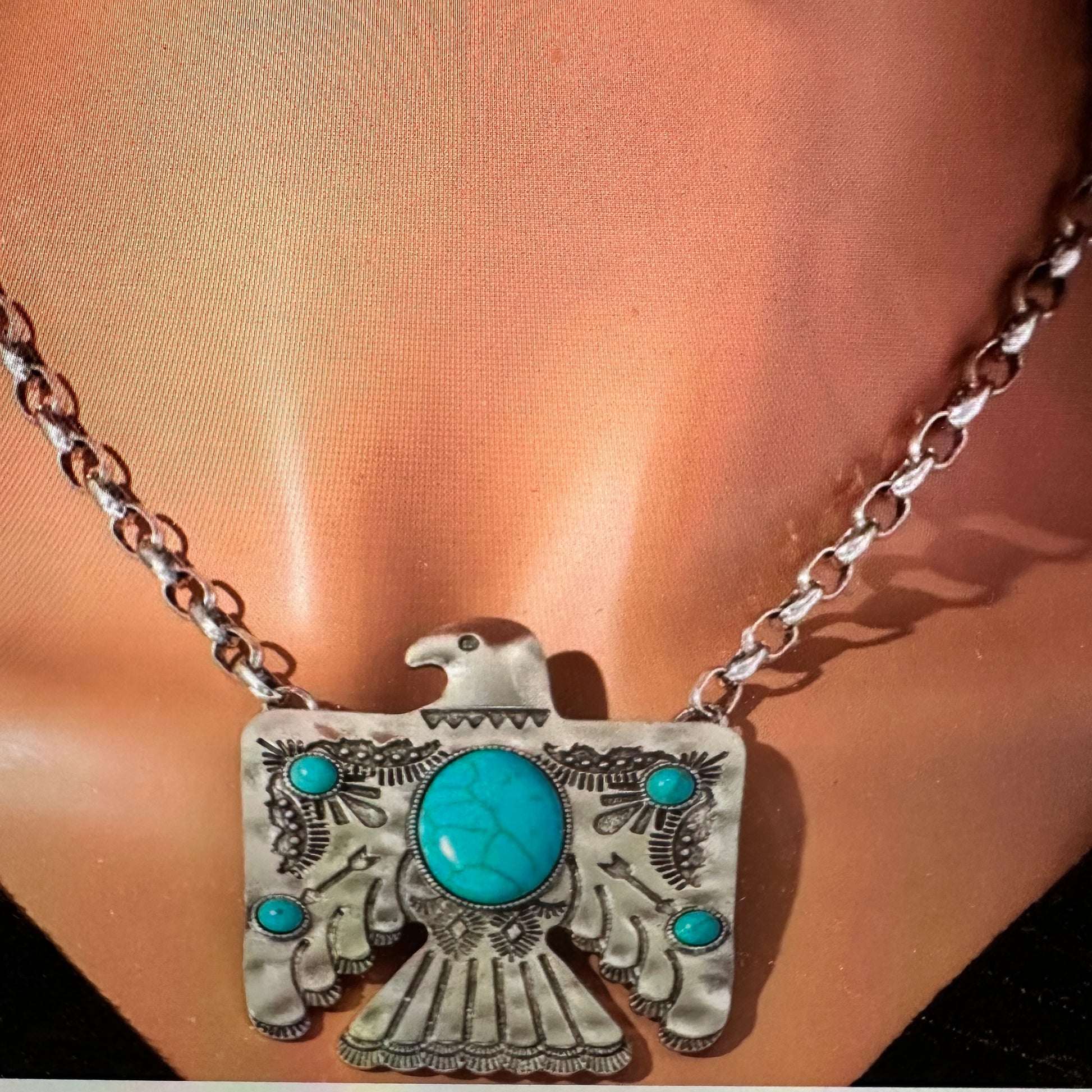 Turquoise Thunderbird Bohemian Pendant Necklace with Gift Box - Silver Elegant