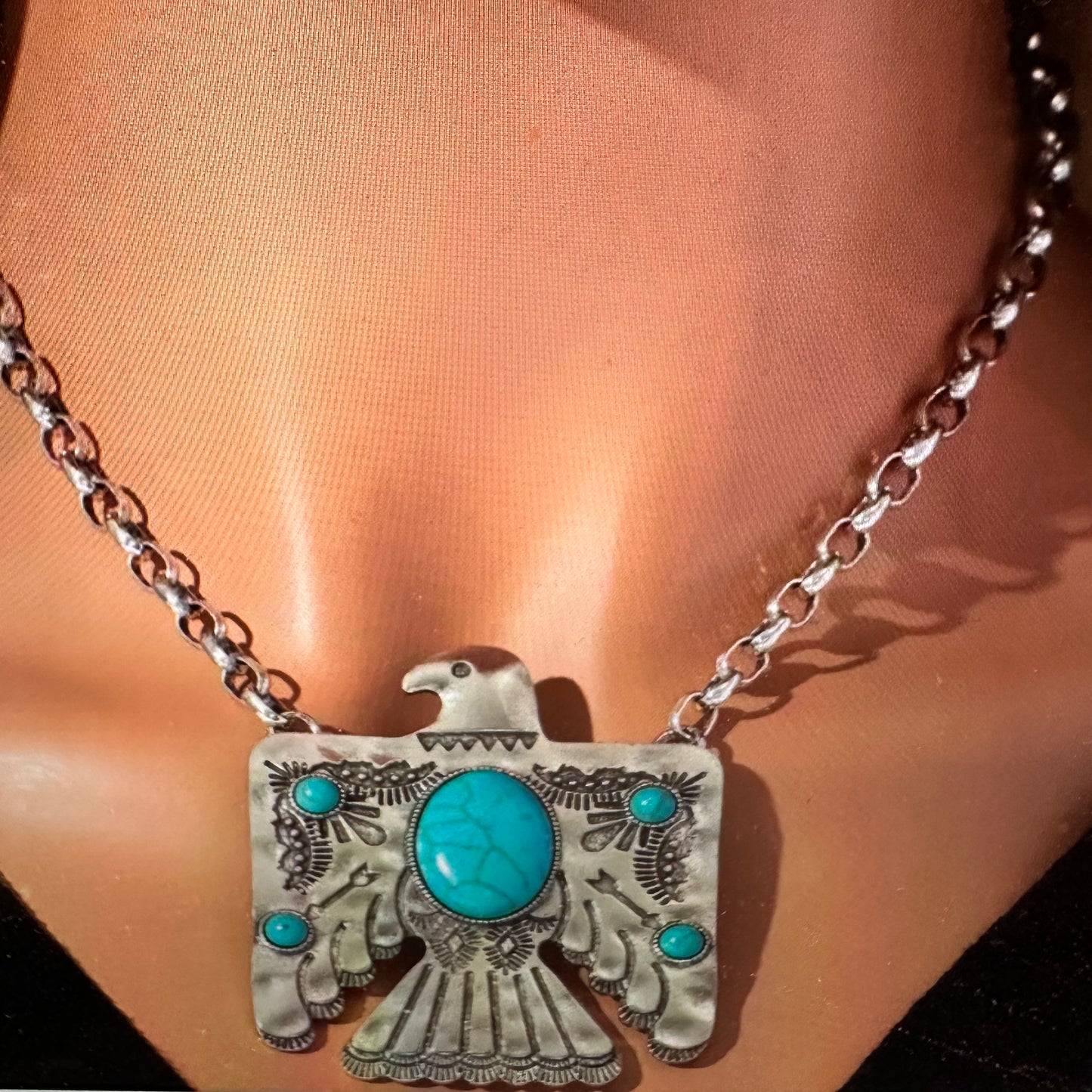 Turquoise Thunderbird Bohemian Pendant Necklace with Gift Box - Silver Elegant