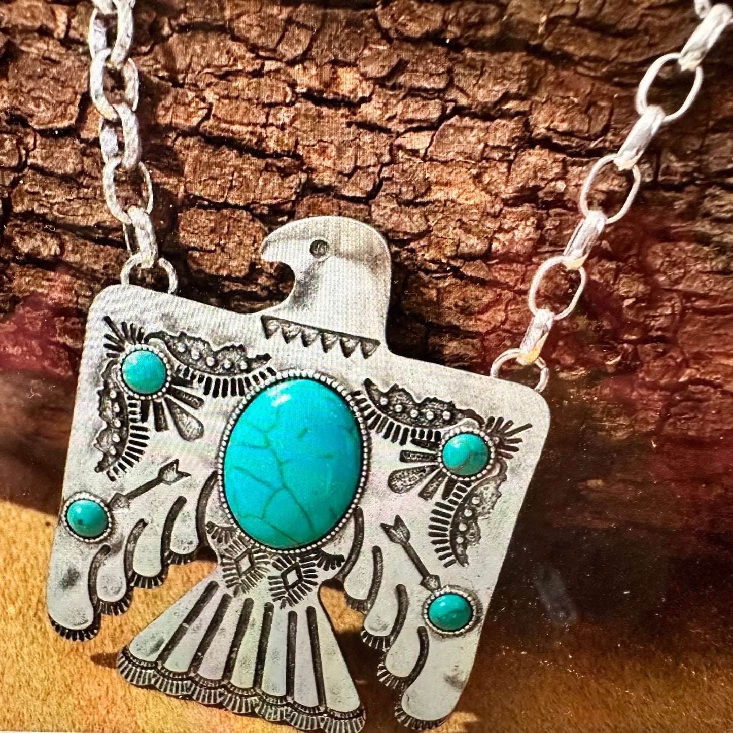 Turquoise Thunderbird Bohemian Pendant Necklace with Gift Box - Silver Elegant