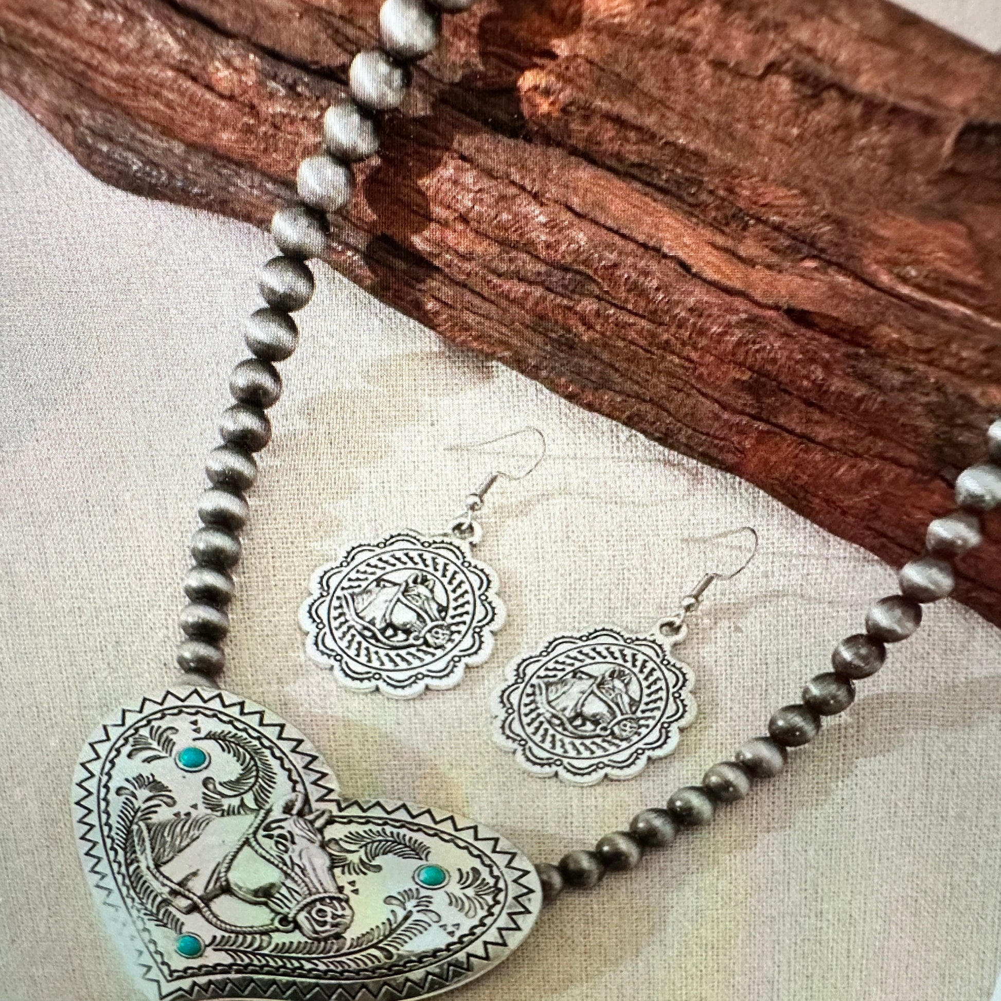 Southwestern Boho Cowgirl Horse Necklace and Earring Gift Set - Silver Elegant