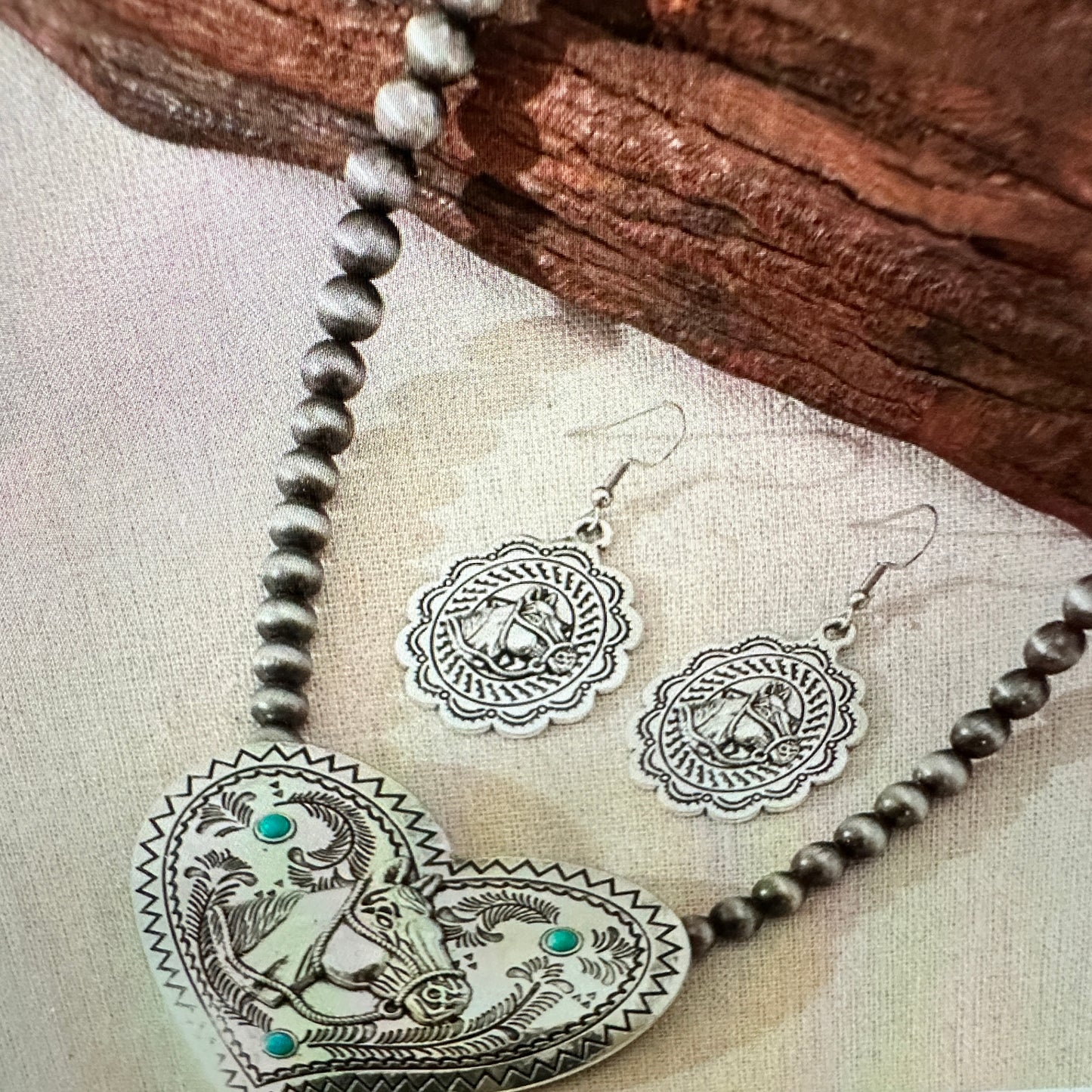 Southwestern Boho Cowgirl Horse Necklace and Earring Gift Set - Silver Elegant