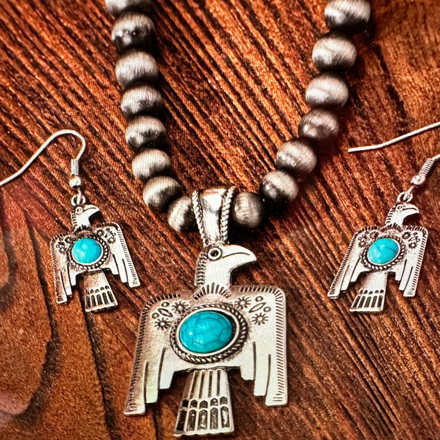 Turquoise Thunderbird Bohemian Jewelry Set with Dream Catcher Pendant and Gift Box - Silver Elegant