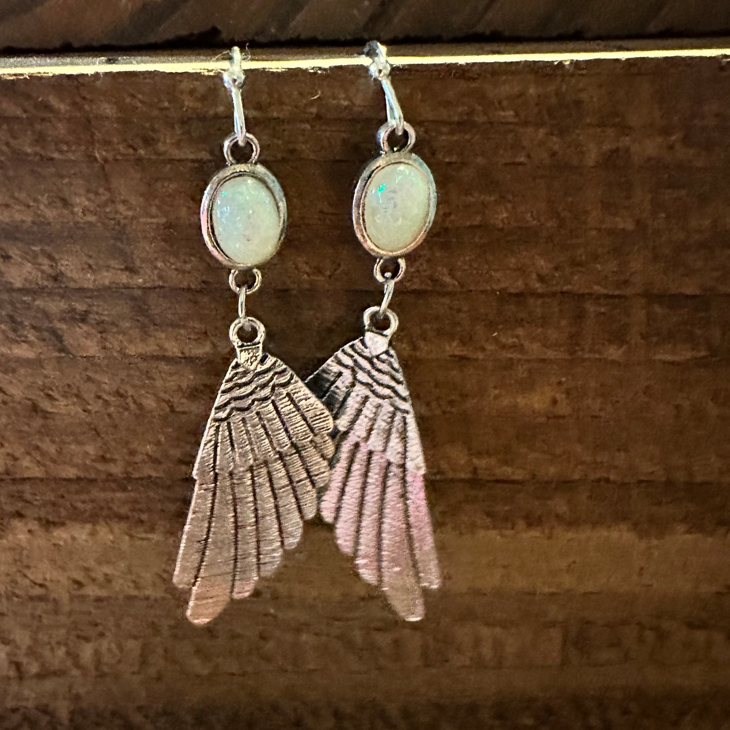 Aqua Gemstone Angel Wing Dangle Earrings in Boho Vintage Style, Gift-Ready Box - Silver Elegant