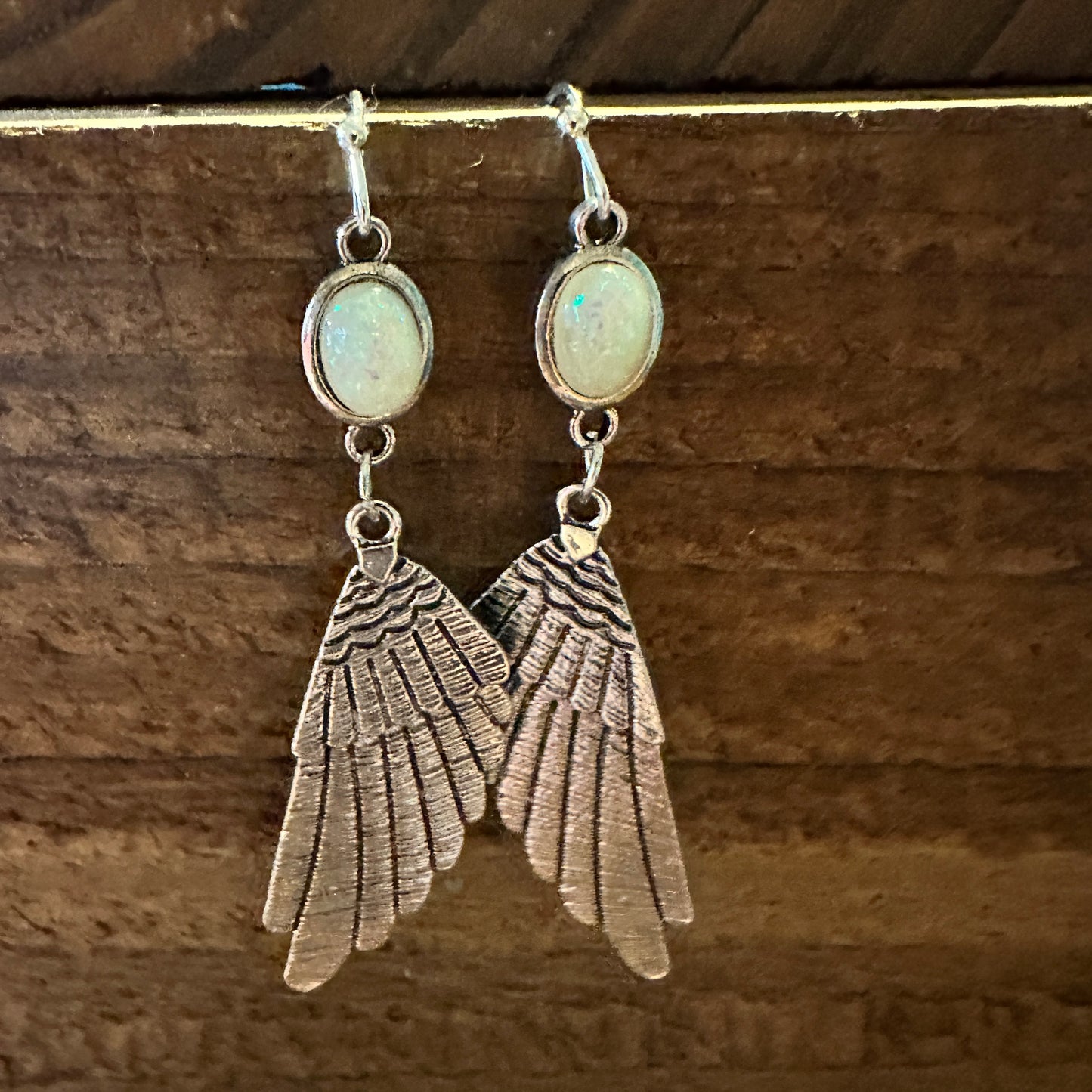 Aqua Gemstone Angel Wing Dangle Earrings in Boho Vintage Style, Gift-Ready Box - Silver Elegant