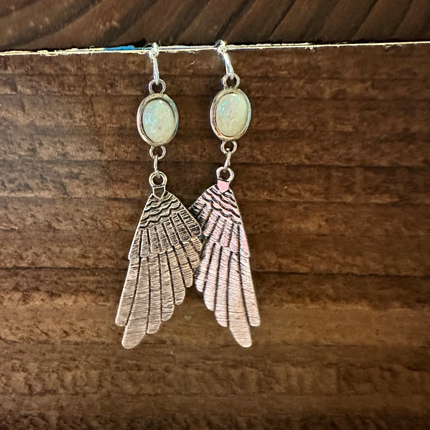 Aqua Gemstone Angel Wing Dangle Earrings in Boho Vintage Style, Gift-Ready Box - Silver Elegant