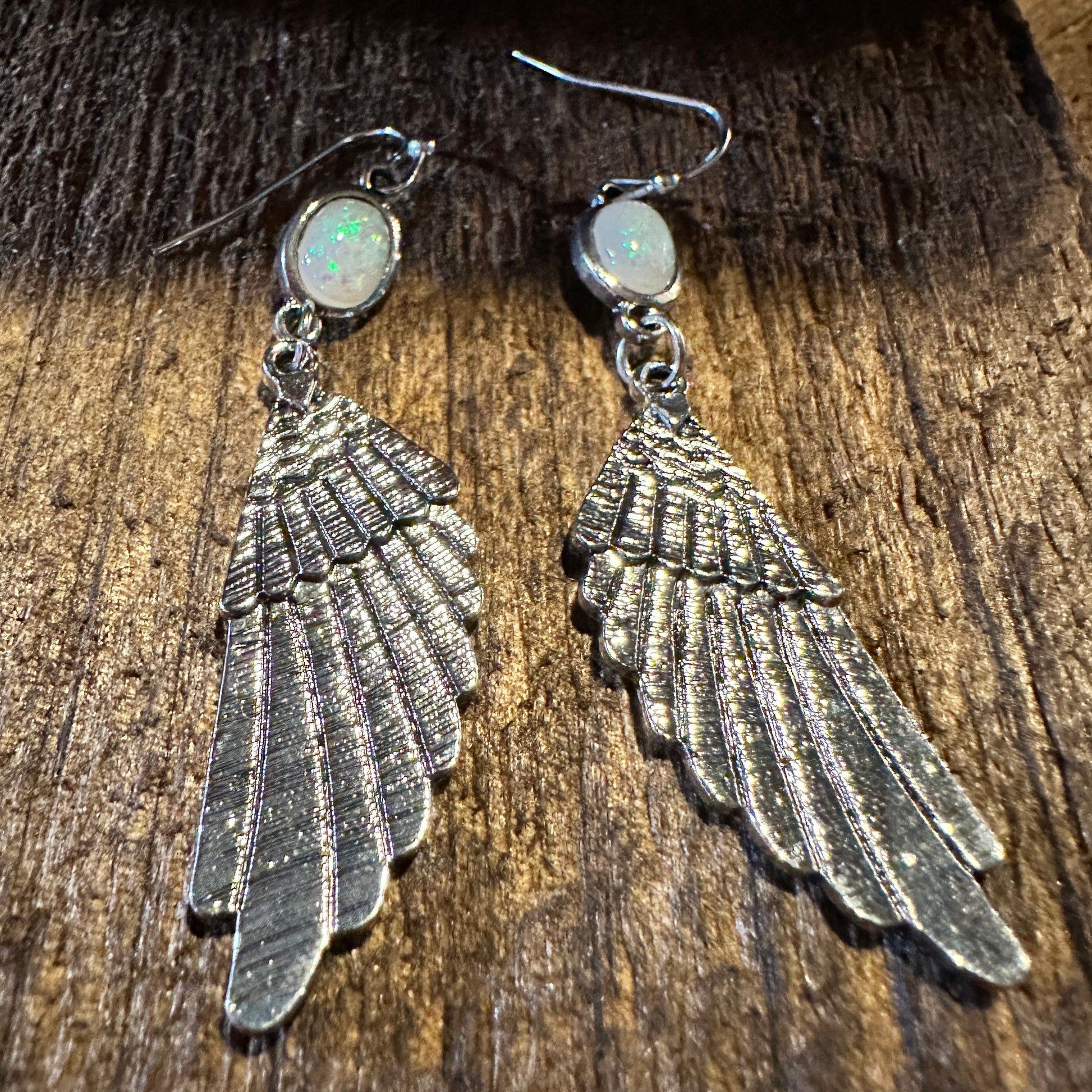 Aqua Gemstone Angel Wing Dangle Earrings in Boho Vintage Style, Gift-Ready Box - Silver Elegant