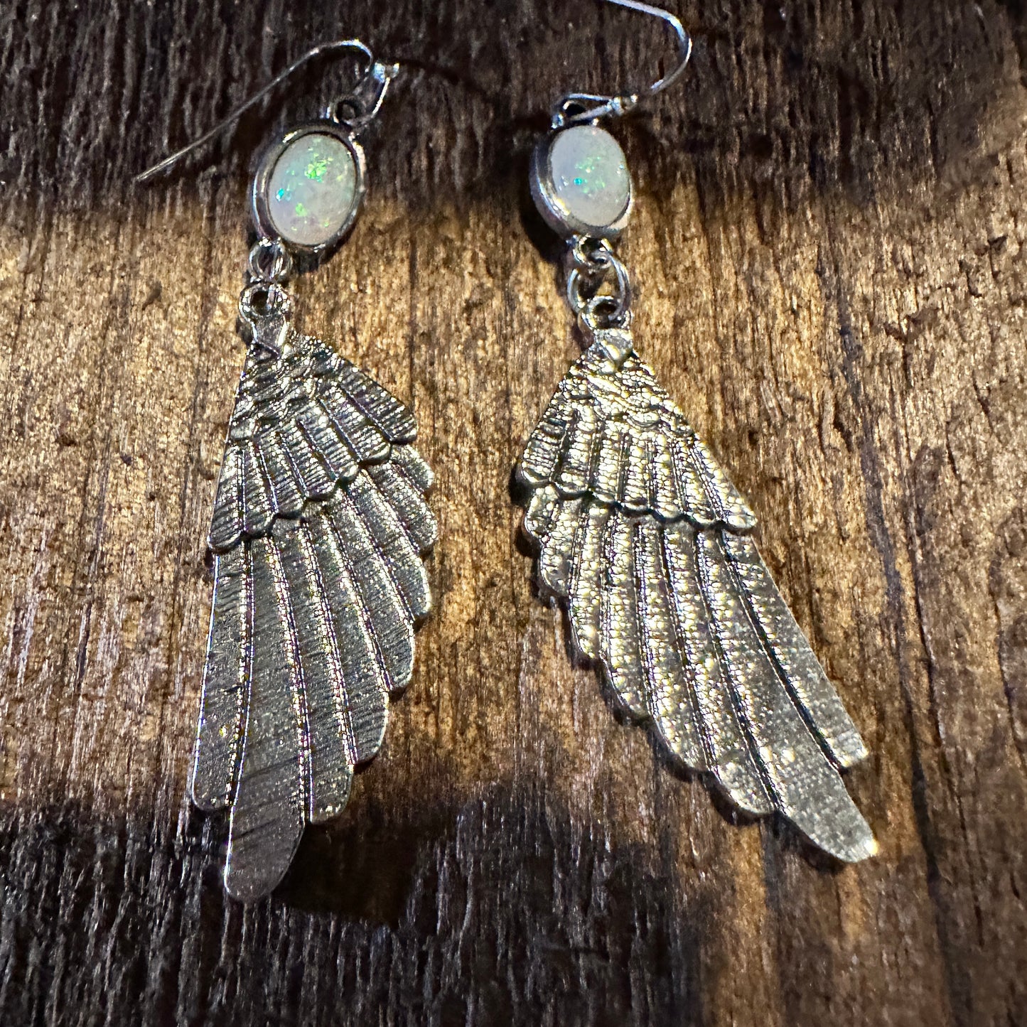 Aqua Gemstone Angel Wing Dangle Earrings in Boho Vintage Style, Gift-Ready Box - Silver Elegant