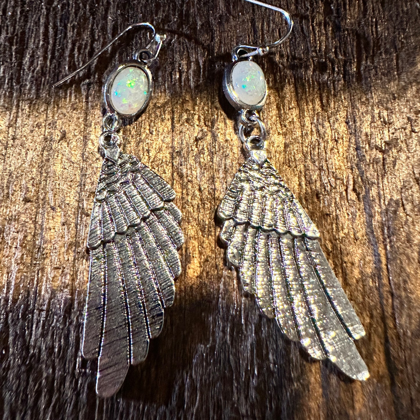 Aqua Gemstone Angel Wing Dangle Earrings in Boho Vintage Style, Gift-Ready Box - Silver Elegant